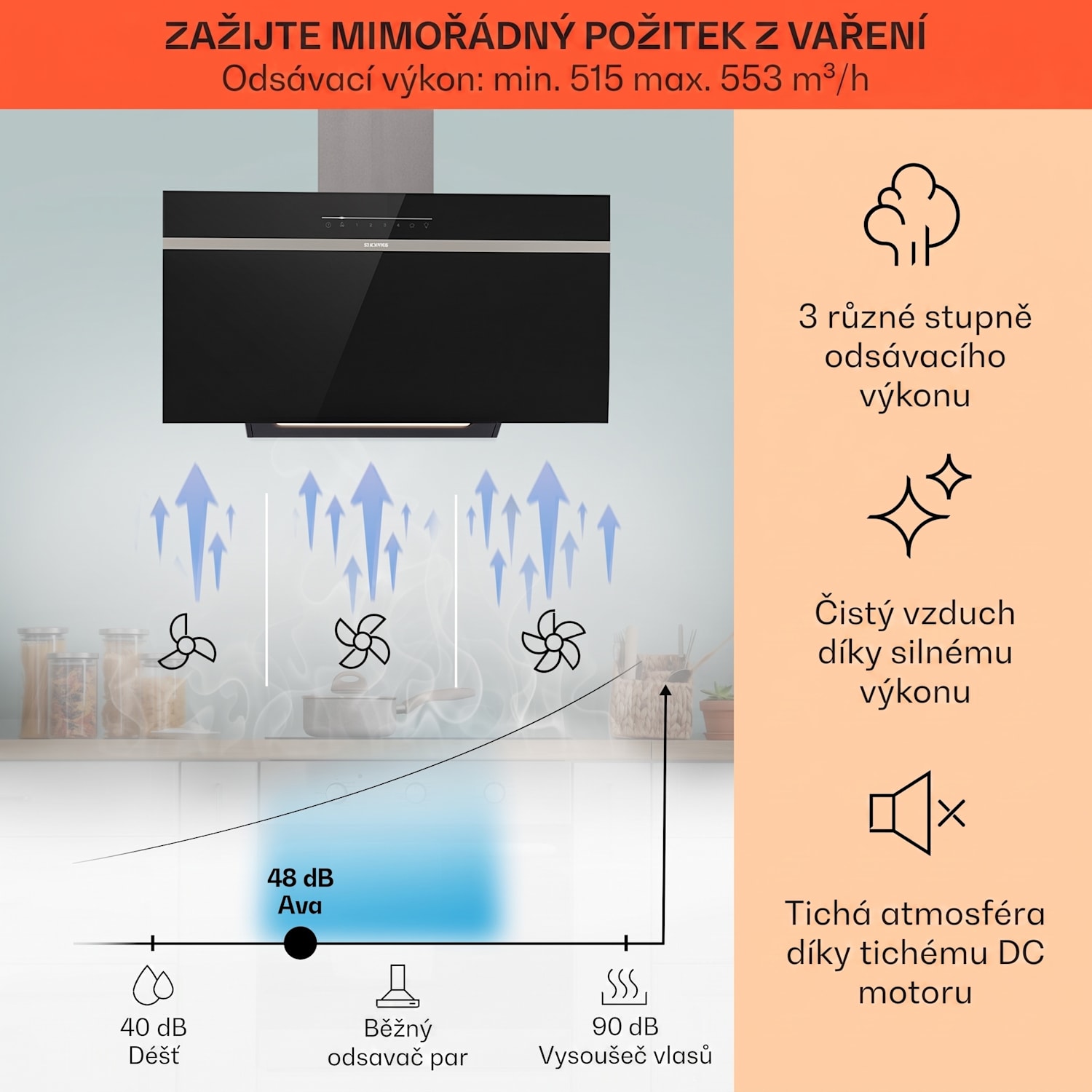 Ava 90 Smart, digestoř, 90 cm, nástěnná, Wi-Fi, A++, 585 m³/h, dotykový displej 90 cm | Černá