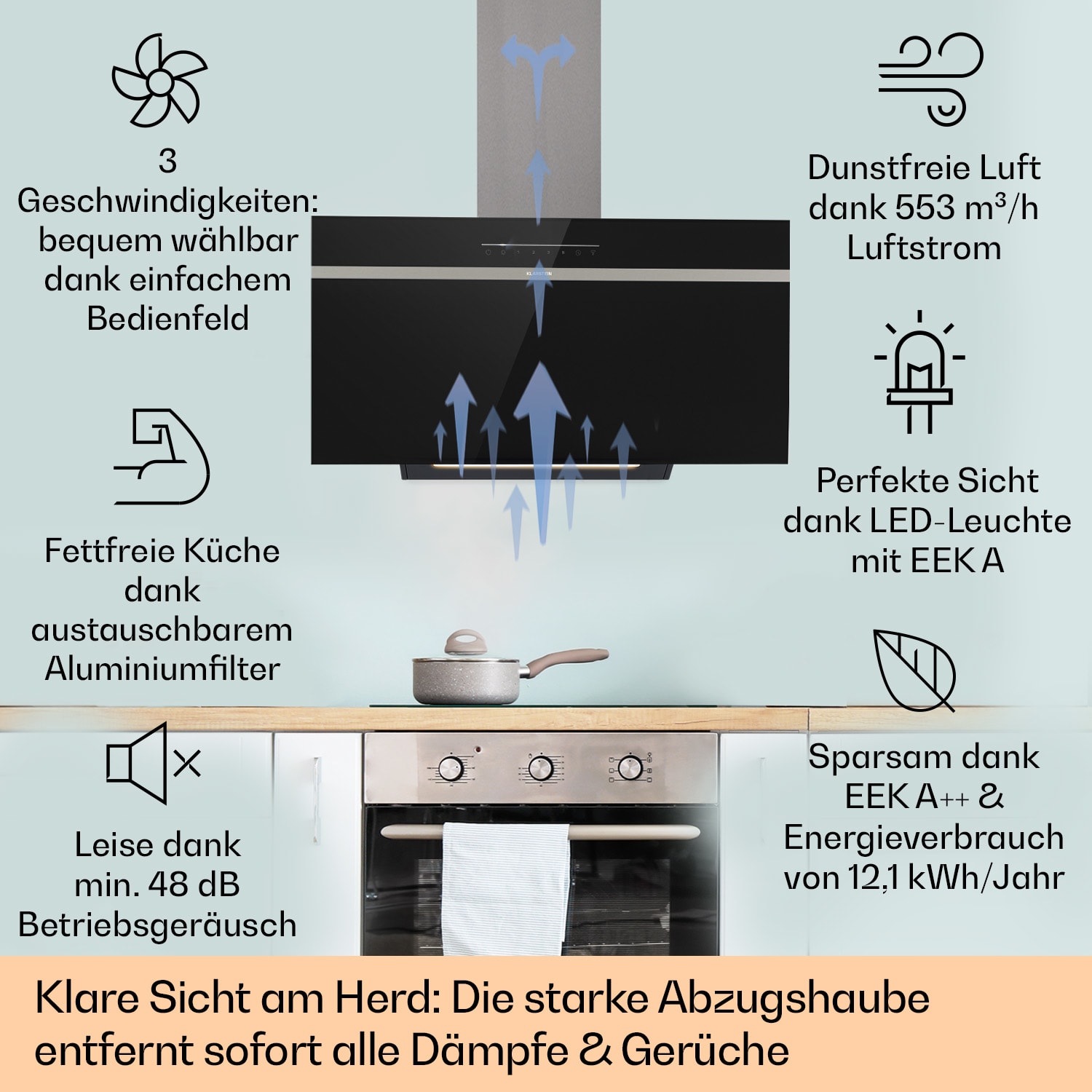 Ava 90 Dunstabzugshaube 90cm Wandhaube WiFi A++ 515m³/h Touch 90 cm | Schwarz