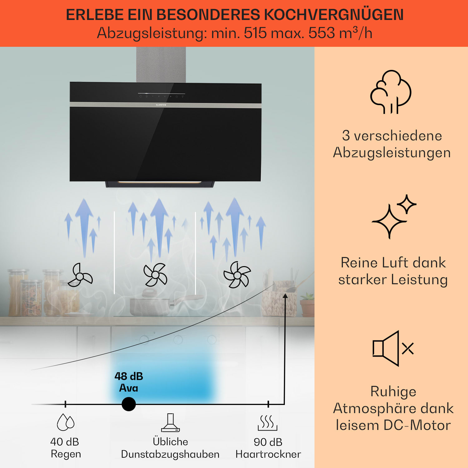 Ava 90 Dunstabzugshaube 90cm Wandhaube WiFi A++ 515m³/h Touch 90 cm | Schwarz