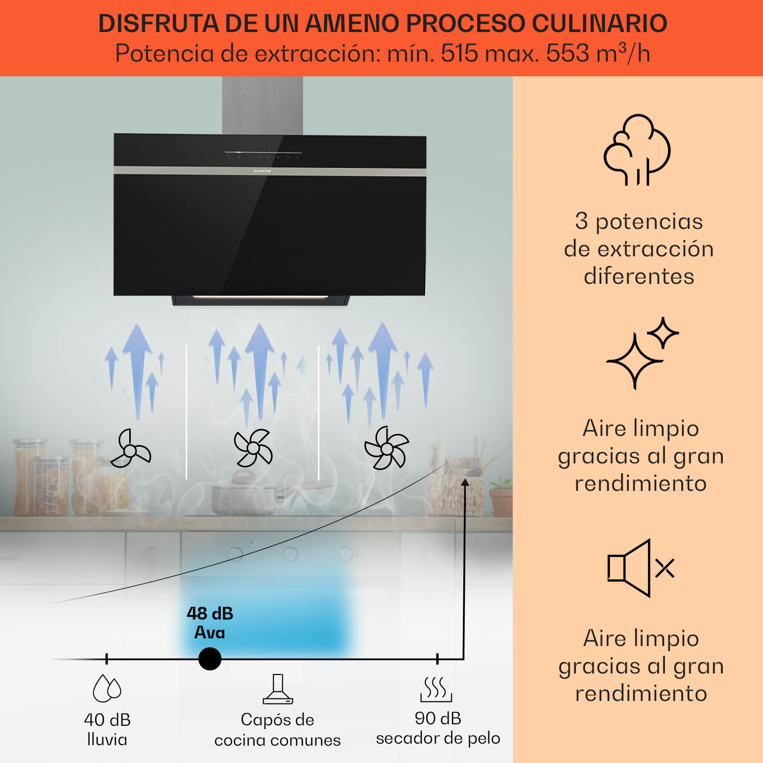 Campana extractora Ava 90 90cm Wall Hood WiFi A++ 515 m³/h Touch 90 cm | Negro