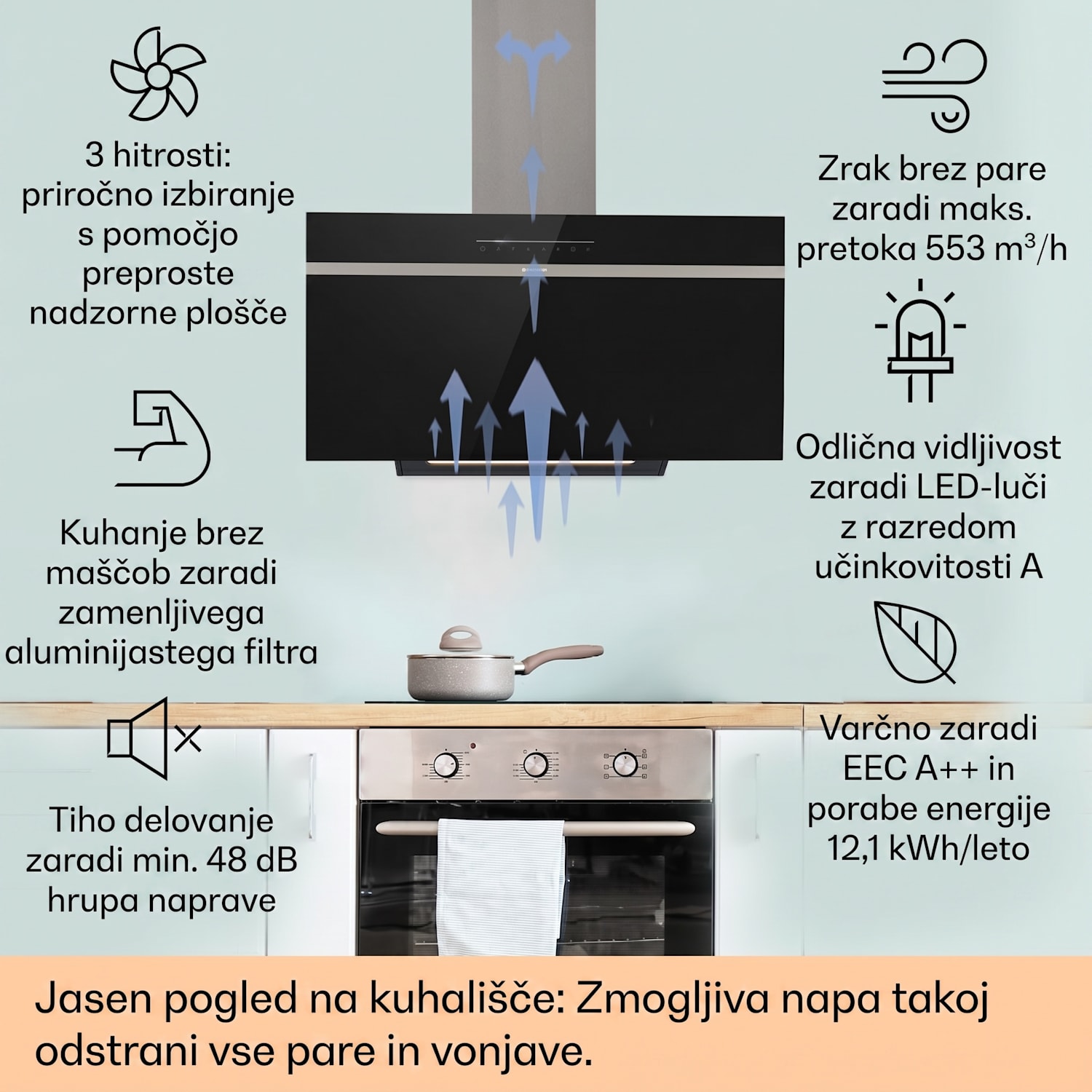 Ava 90 Smart, kuhinjska napa, 90 cm, stenska, WiFi, A++, 515 m³/h, zaslon na dotik 90 cm | Črna