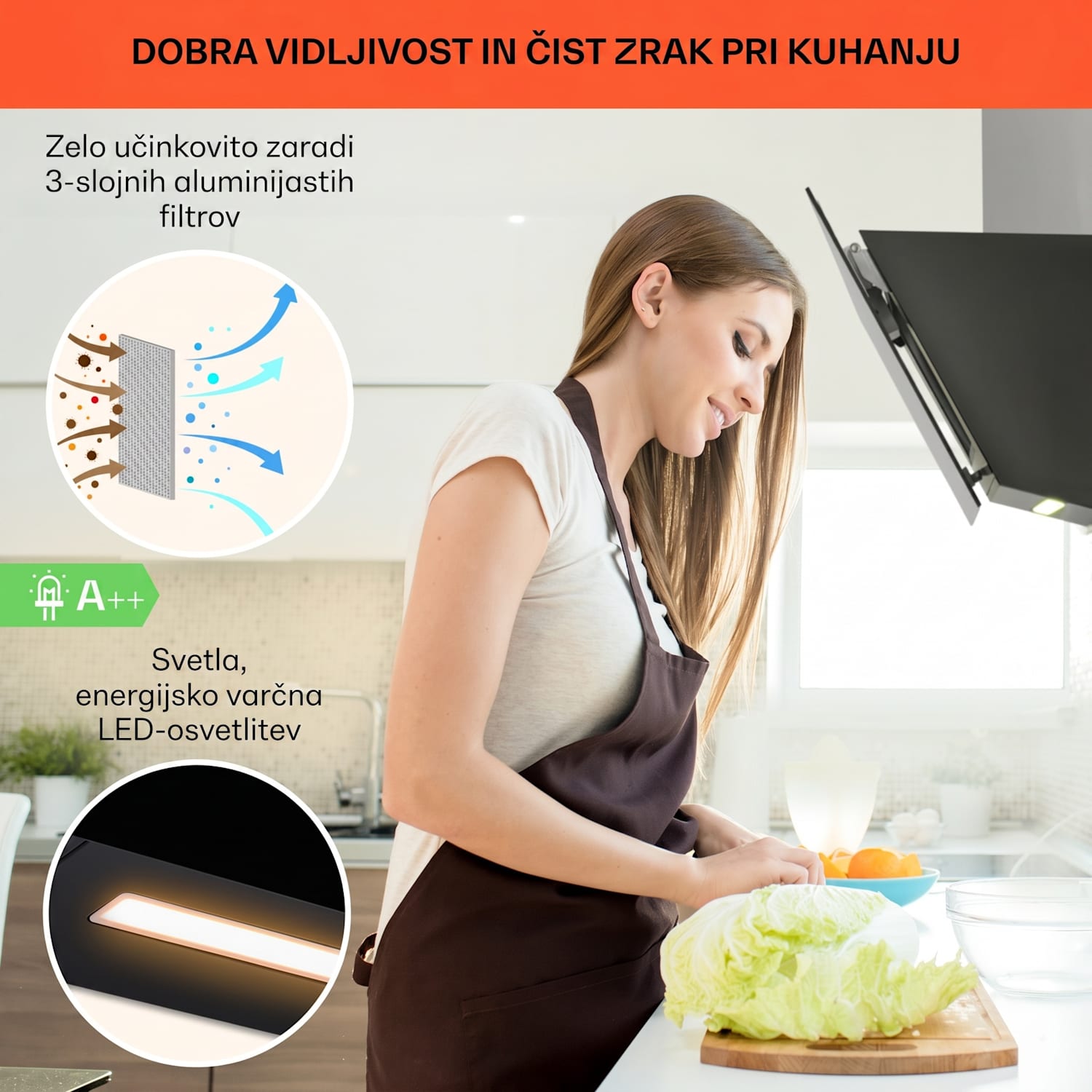 Ava 90 Smart, kuhinjska napa, 90 cm, stenska, WiFi, A++, 515 m³/h, zaslon na dotik 90 cm | Črna