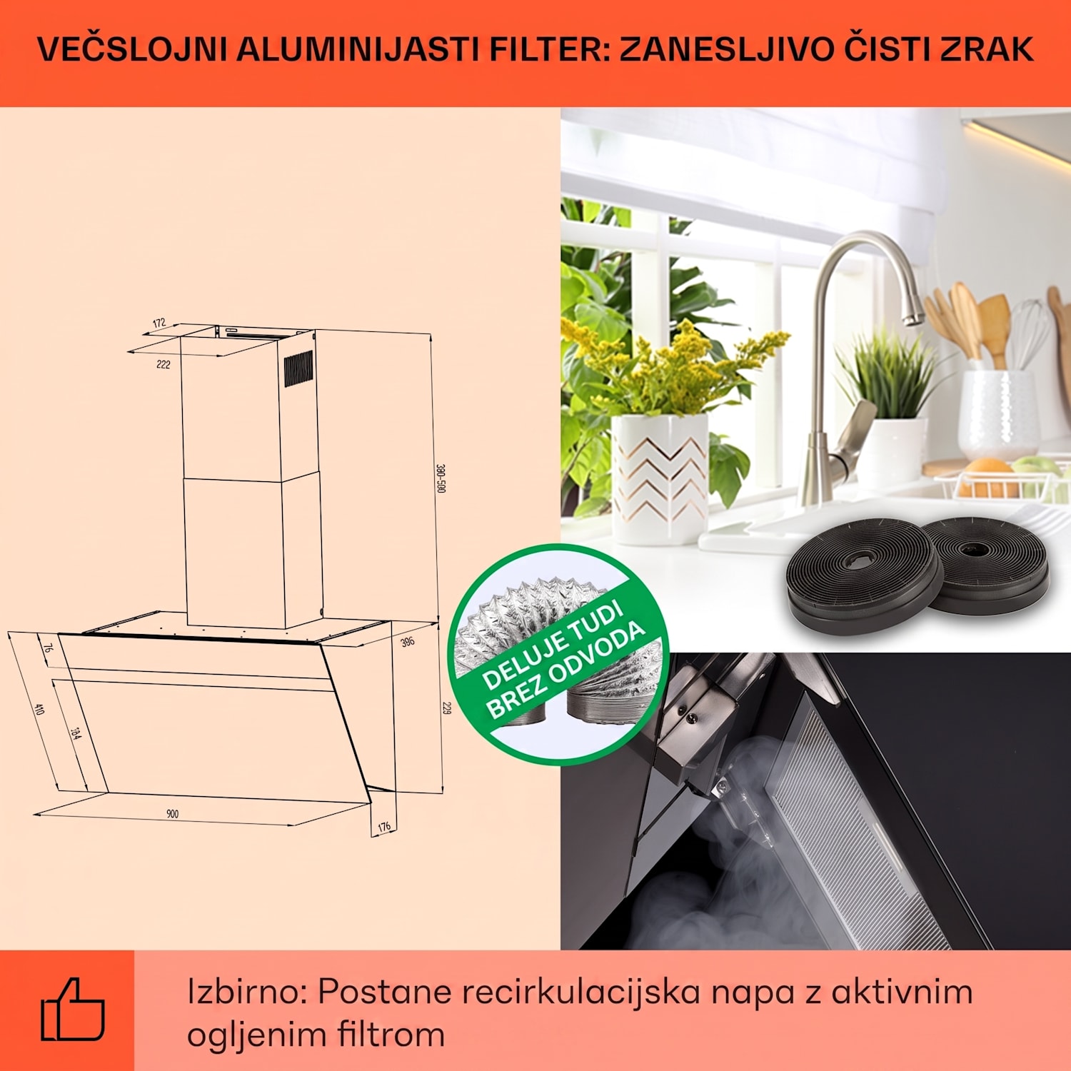 Ava 90 Smart, kuhinjska napa, 90 cm, stenska, WiFi, A++, 515 m³/h, zaslon na dotik 90 cm | Črna