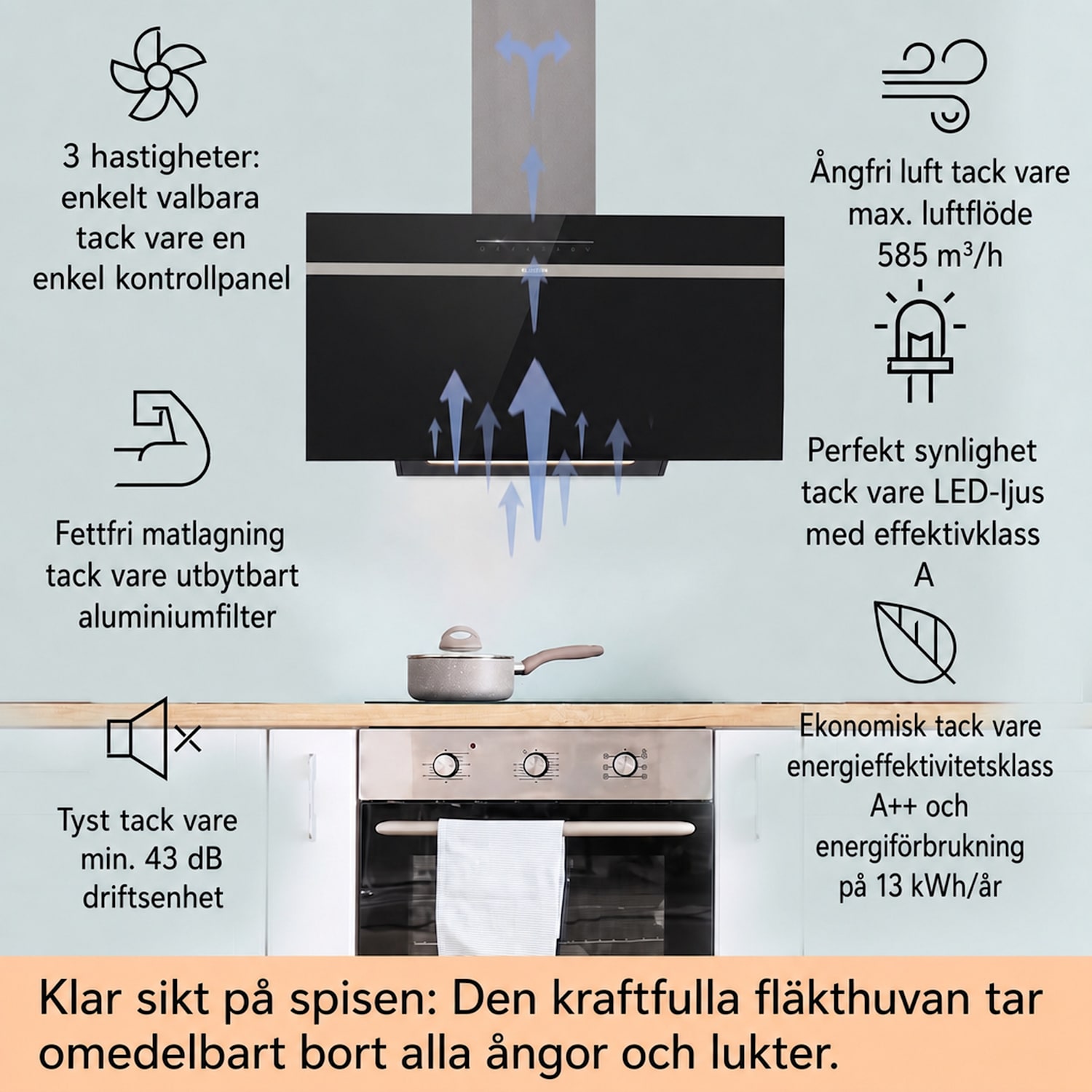 Ava 90 Köksfläkt 90cm Väggfläkt WiFi A++ 515m³/h touch 