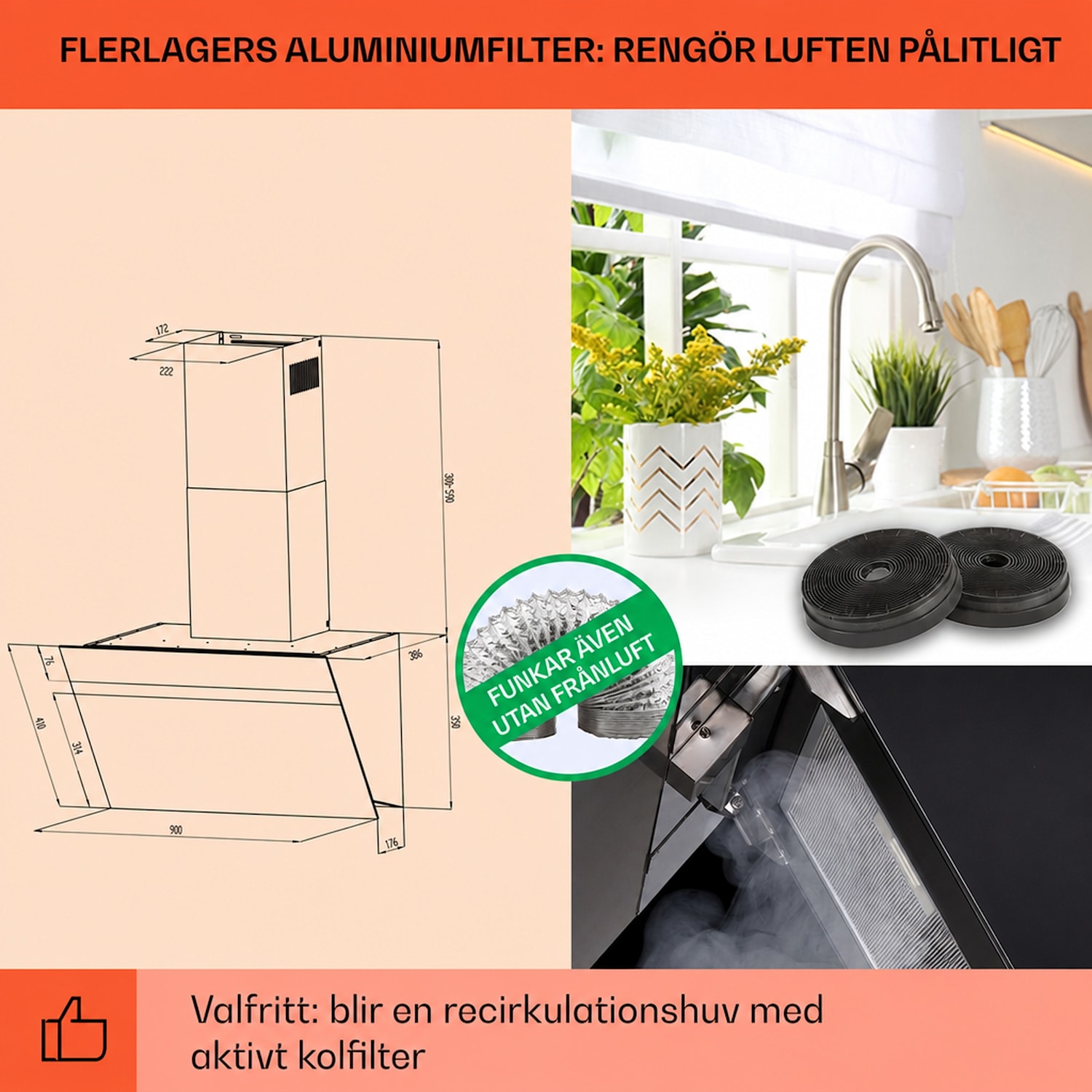 Ava 90 Köksfläkt 90cm Väggfläkt WiFi A++ 515m³/h touch 