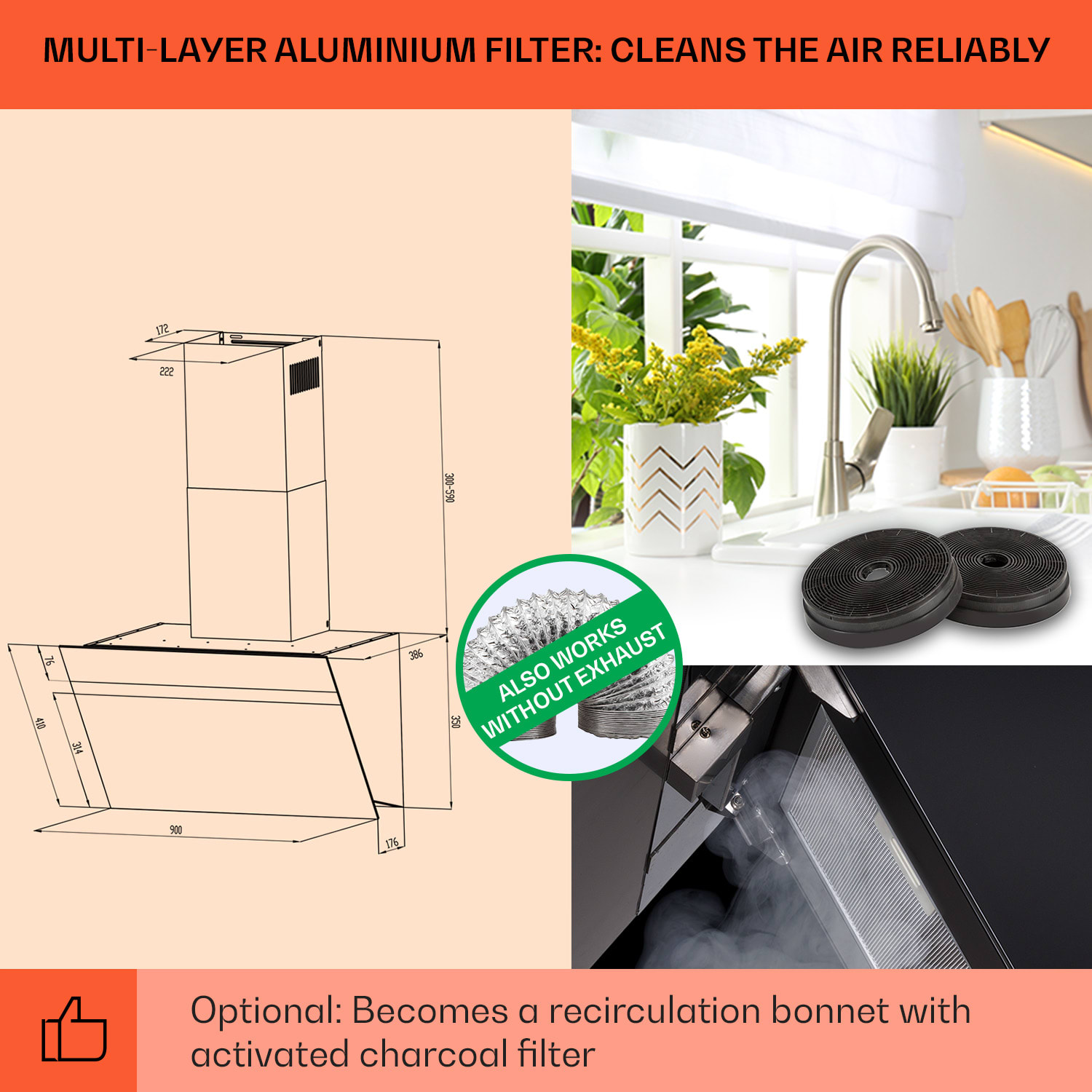 Ava 90 Smart, kuhinjska napa, 90 cm, stenska, WiFi, A++, 515 m³/h, zaslon na dotik 90 cm | Črna