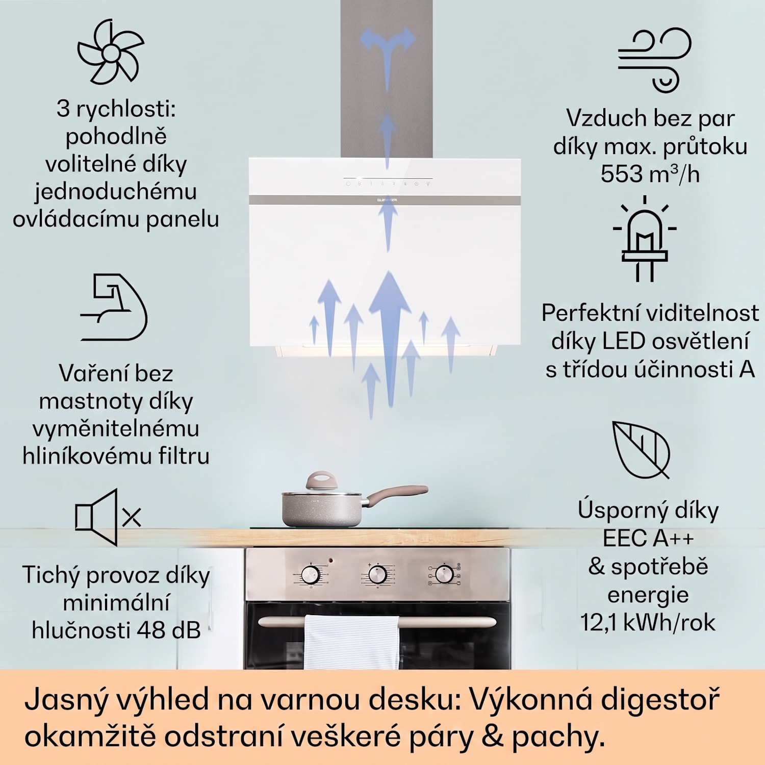 Ava 60 Smart, digestoř, 60 cm, nástěnná, Wi-Fi, A++, 515 m³/h,dotykový displej 60 cm | Bílá