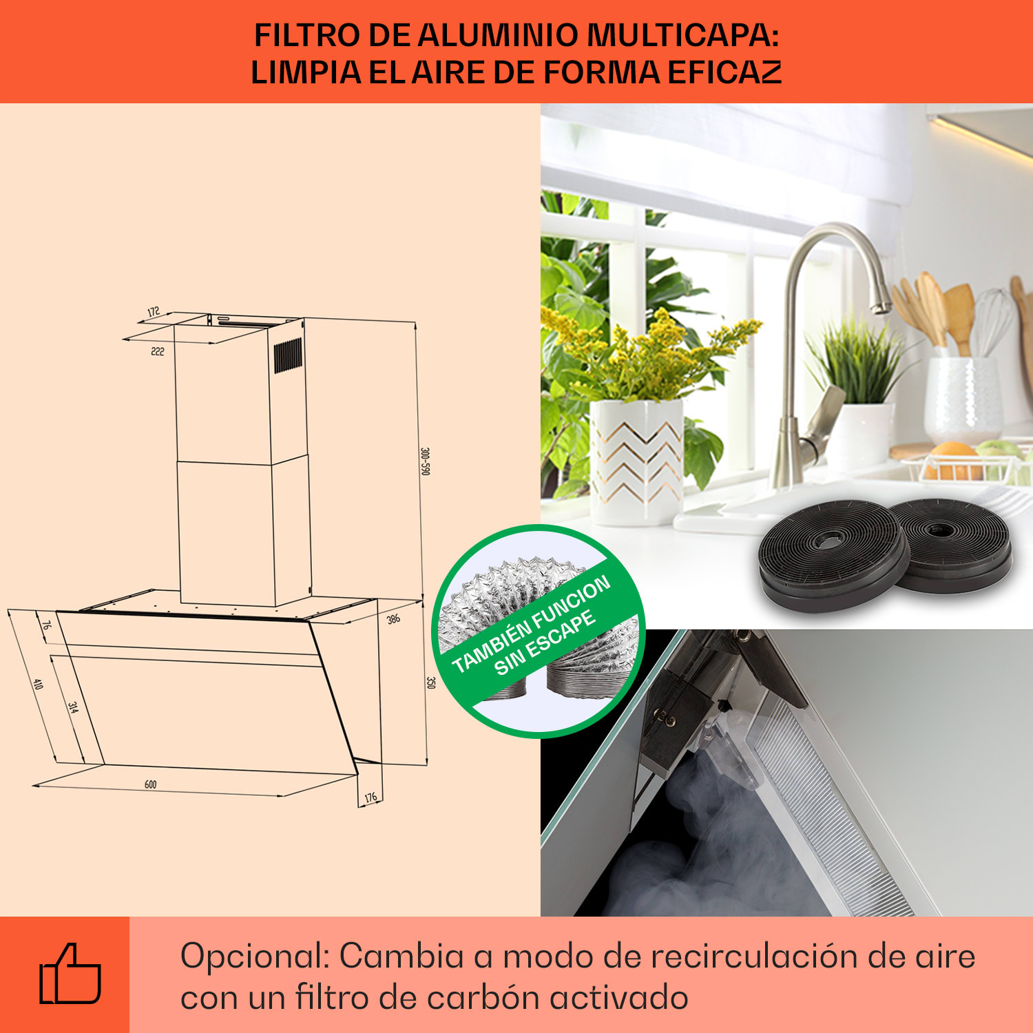 Campana extractora Ava 60 60cm Wall Hood WiFi A++ 515 m³/h Touch 