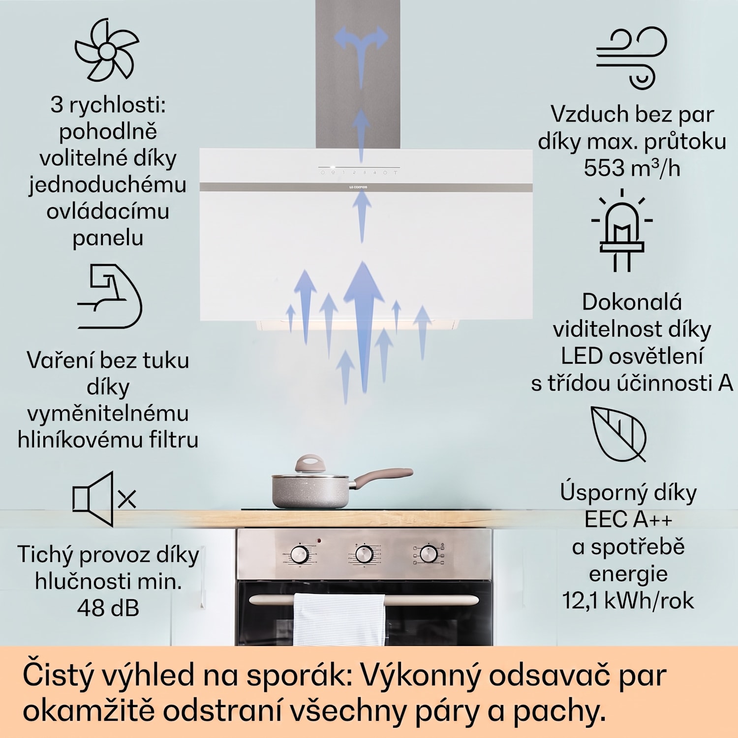 Ava 90 Smart, digestoř, 90 cm, nástěnná, Wi-Fi, A++, 585 m³/h, dotykový displej 90 cm | Bílá