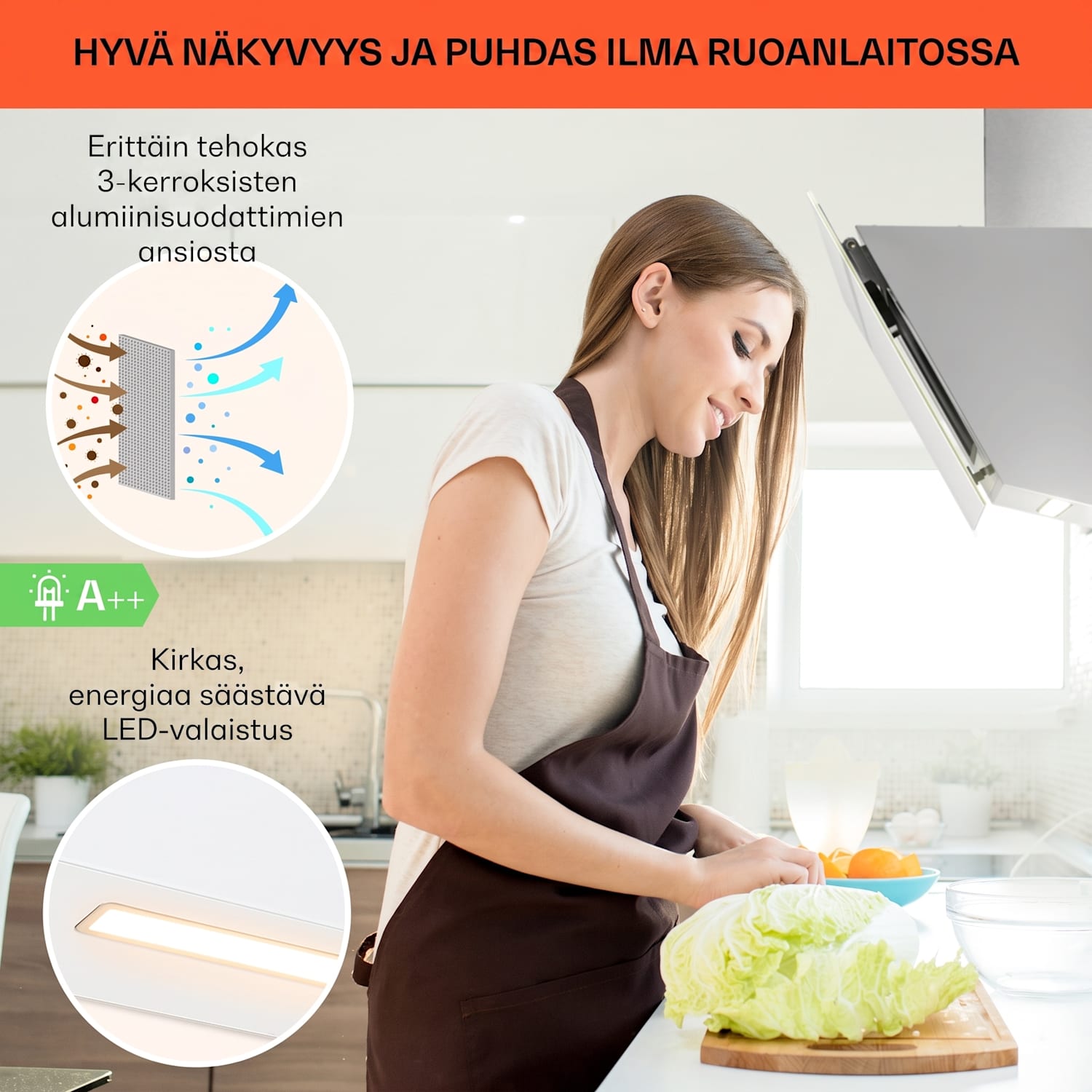 Ava 90 -liesituuletin 90 cm seinään kiinnitettävä tuuletin WiFi A++ 515³/h kosketus 90 cm | Valkoinen