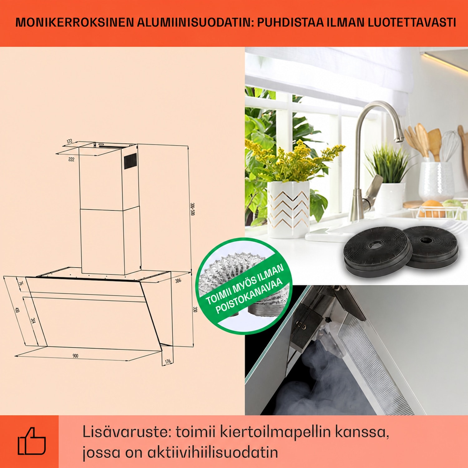 Ava 90 -liesituuletin 90 cm seinään kiinnitettävä tuuletin WiFi A++ 515³/h kosketus 90 cm | Valkoinen