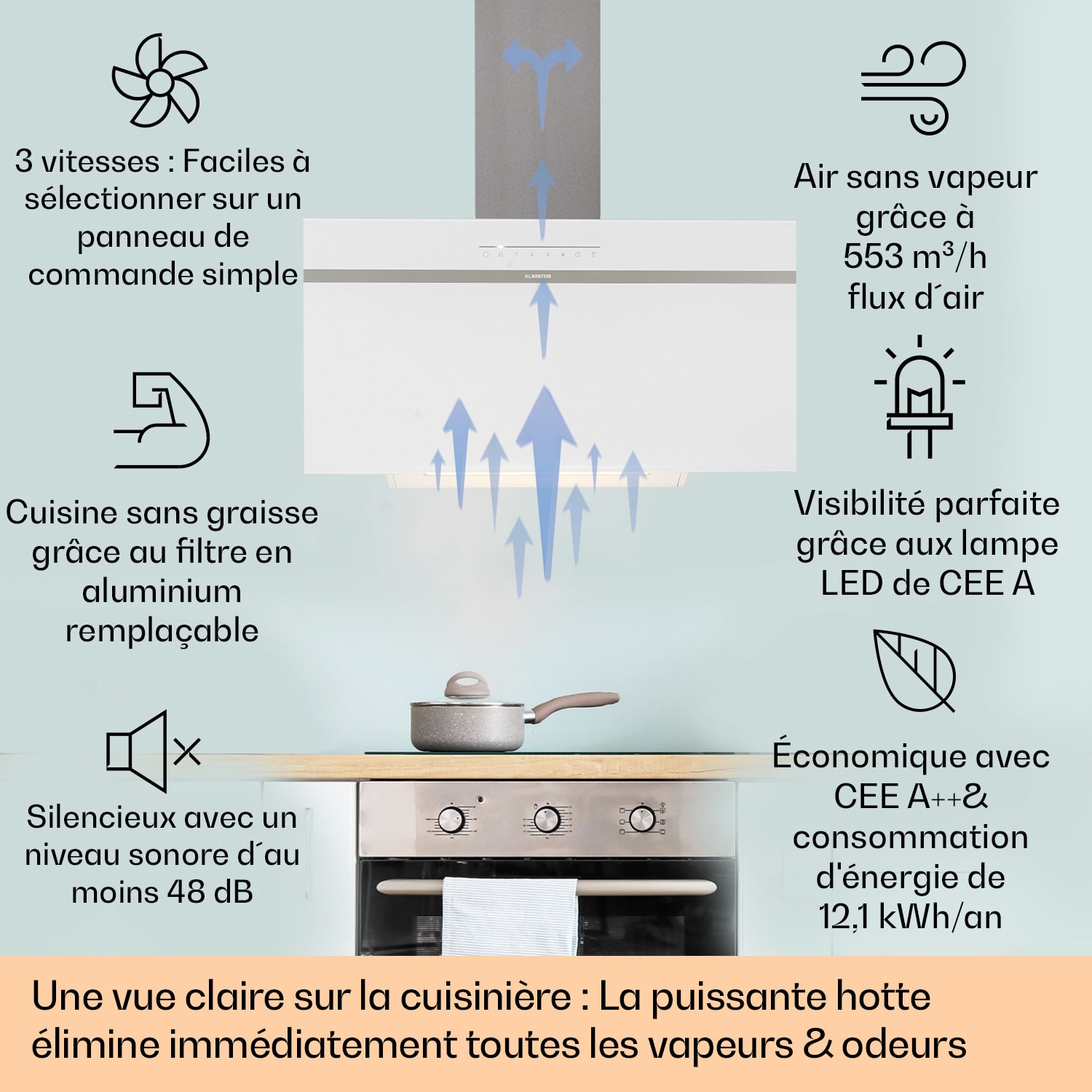 Ava 90 afzuigkap 90 cm wandkap wifi A++ 515 m³/h touch 90 cm | Wit