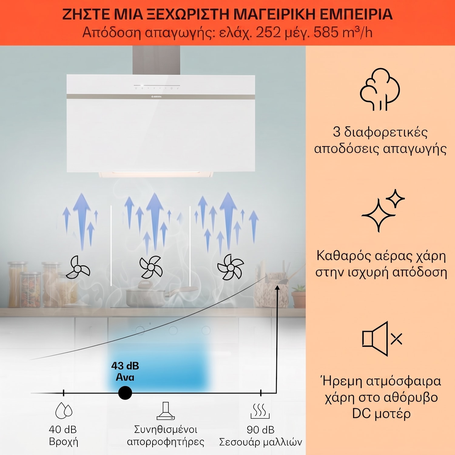 Ava 90 Smart, απορροφητήρας, 90cm, επιτοίχιος, WiFi, A++, 585 m³/h, οθόνη αφής 90 εκ | Λευκό