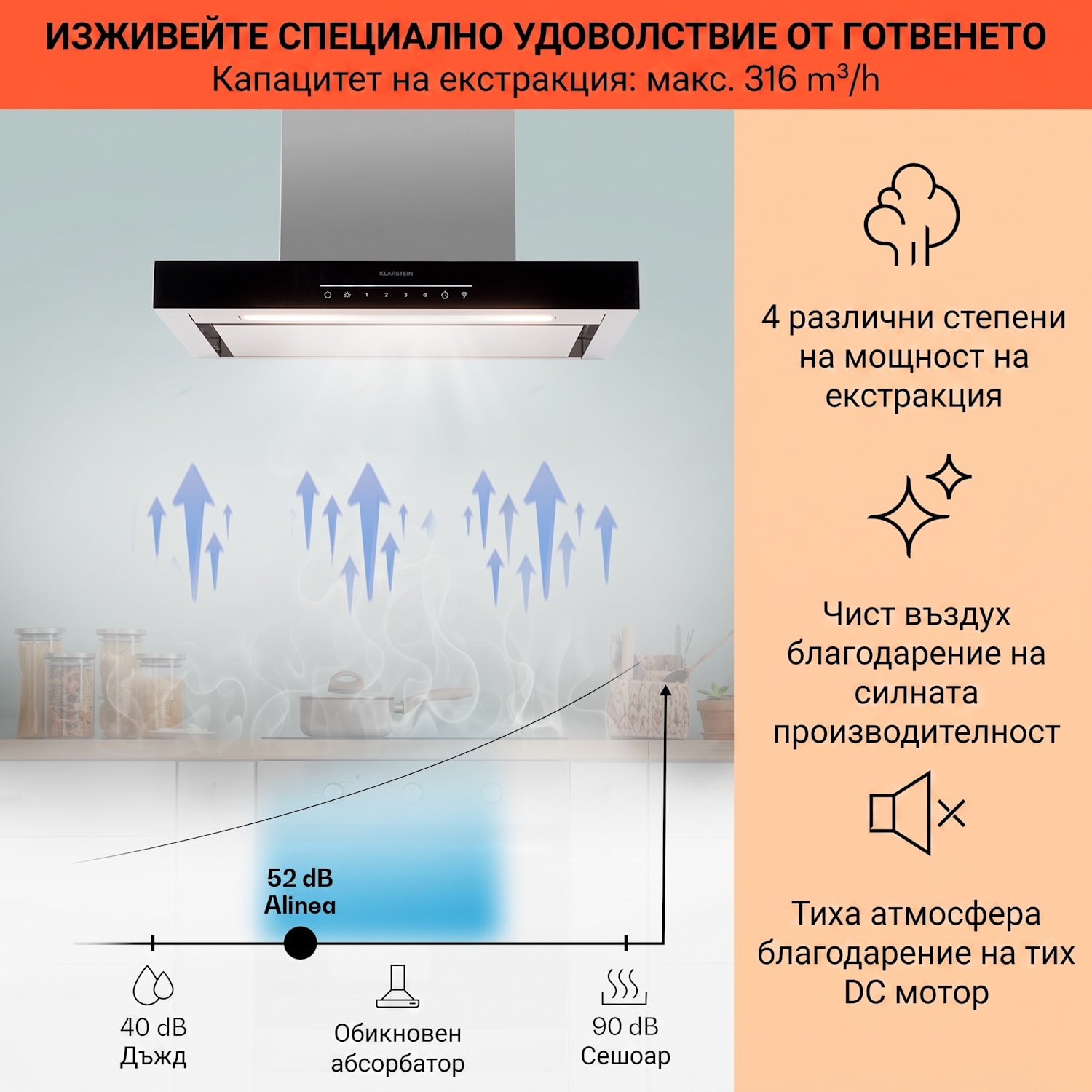 Alinea 60 Smart, абсорбастор, 60 см, стенен, WiFi, A++, 500 м³/ч, сензорен дисплей Черно