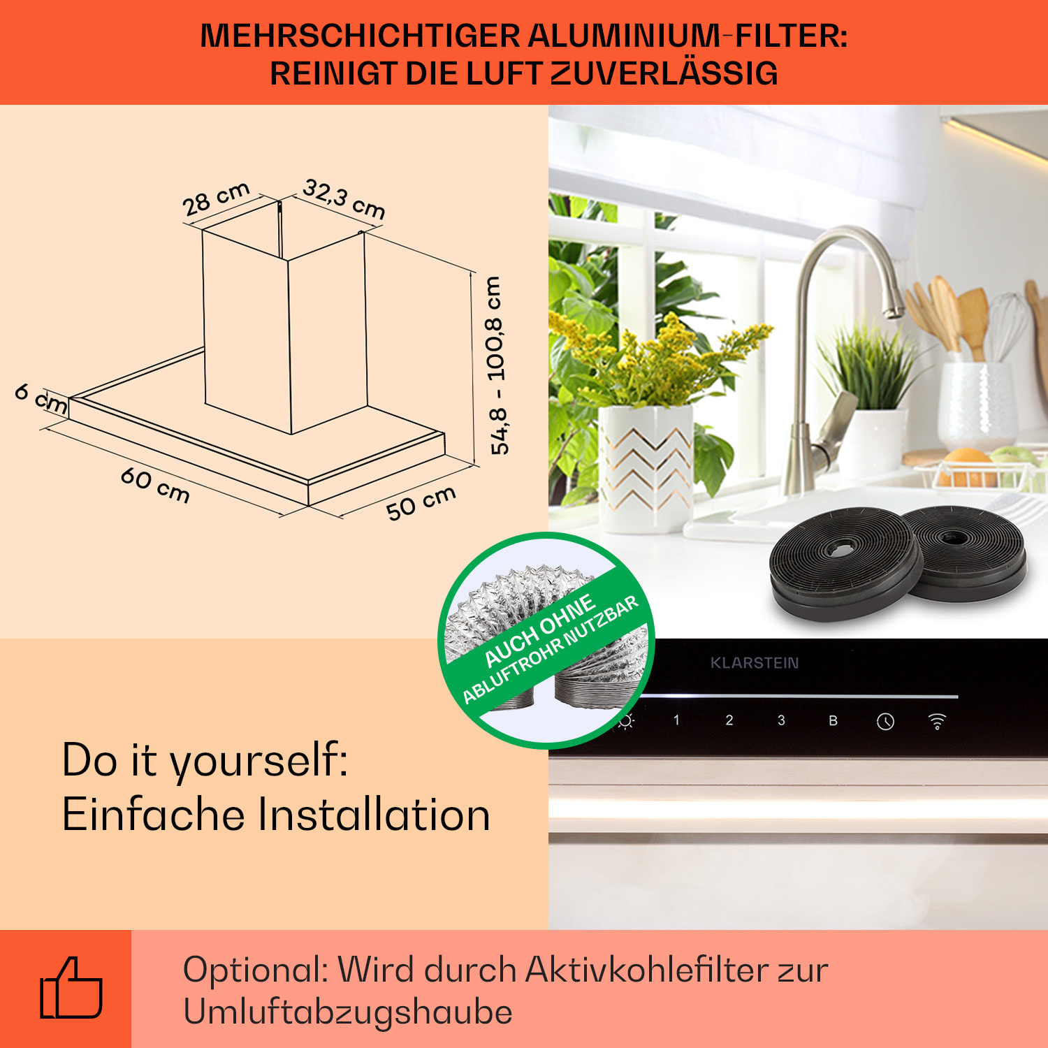 Alinea 60 Dunstabzugshaube 60cm Wandhaube WiFi A++ 500m³/h Touch 