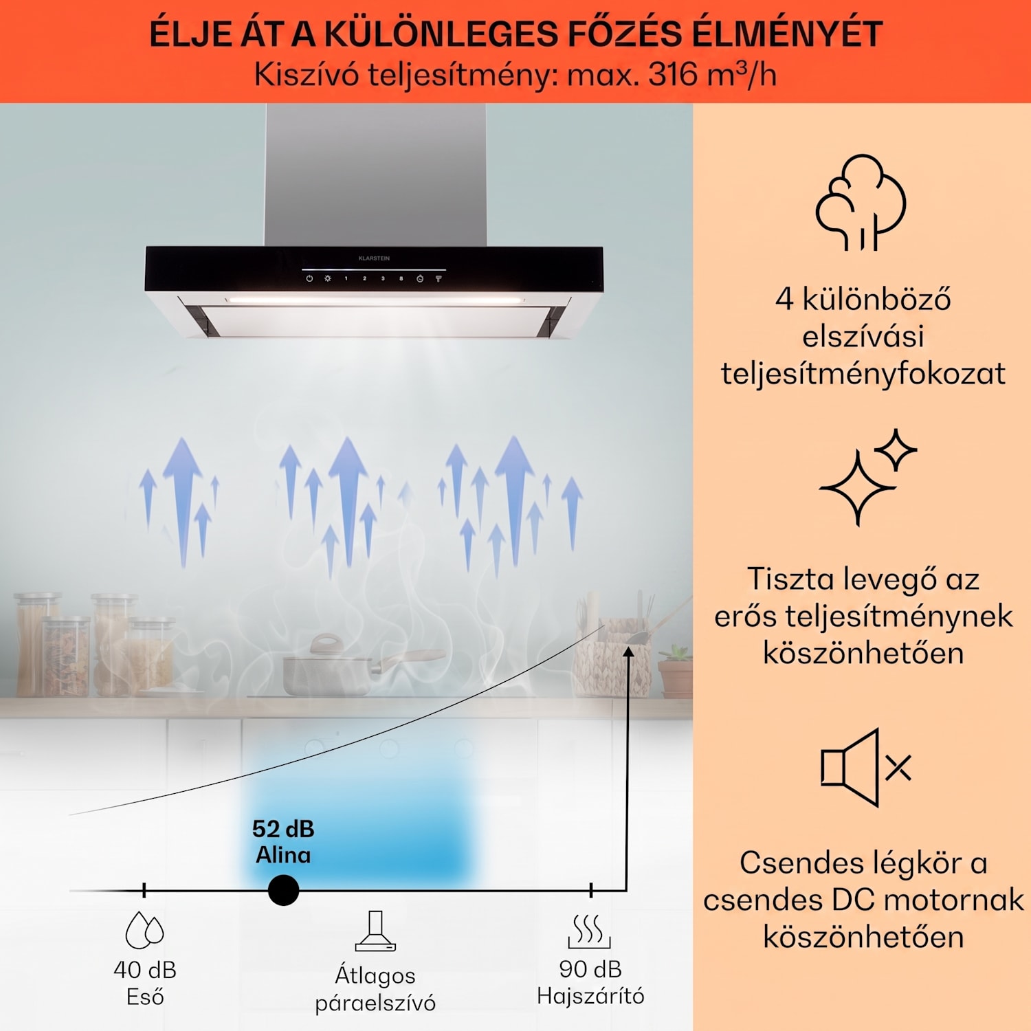 Alinea 60, Smart, páraelszívó, 60 cm, falra szerelhető, WiFi, A++, 500 m³/h, érintőképernyő Fekete
