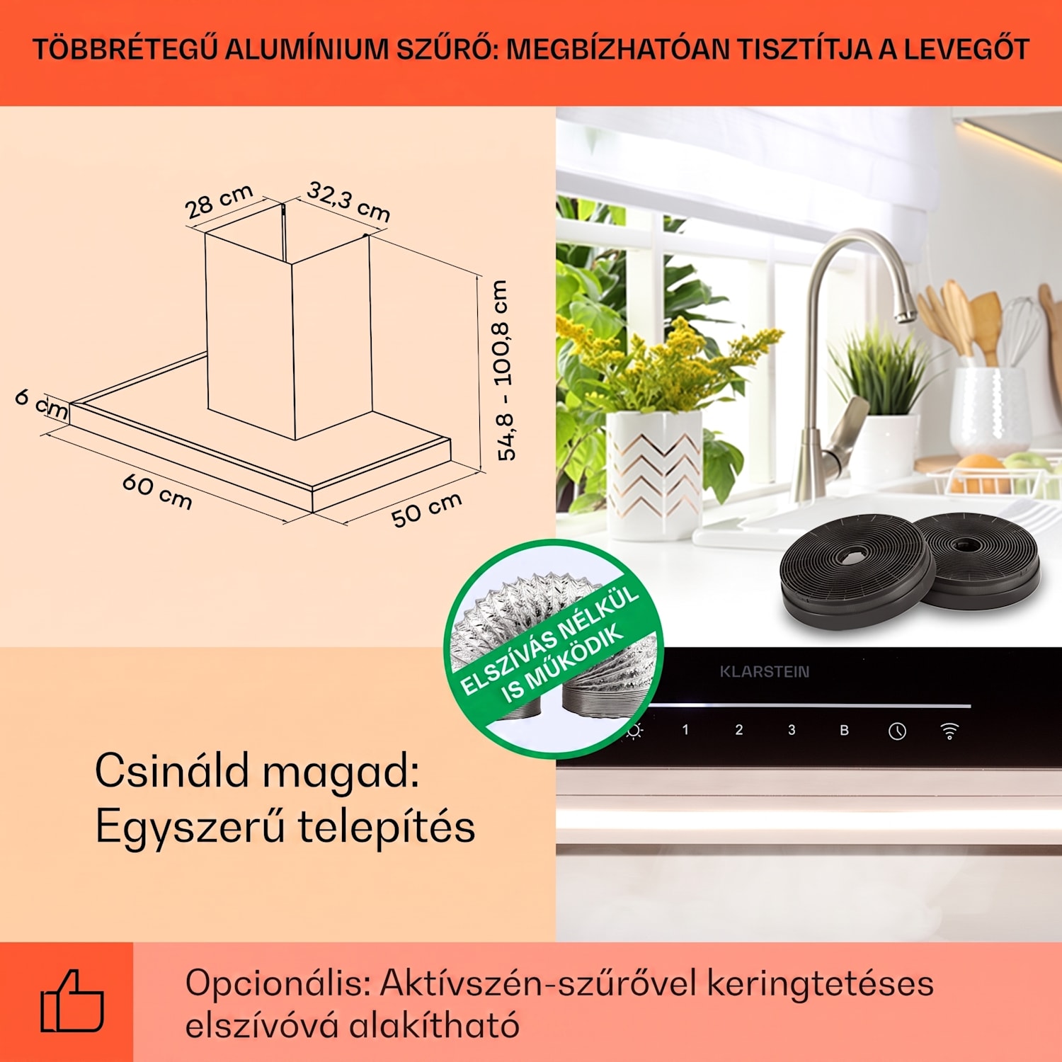 Alinea 60, Smart, páraelszívó, 60 cm, falra szerelhető, WiFi, A++, 500 m³/h, érintőképernyő Fekete