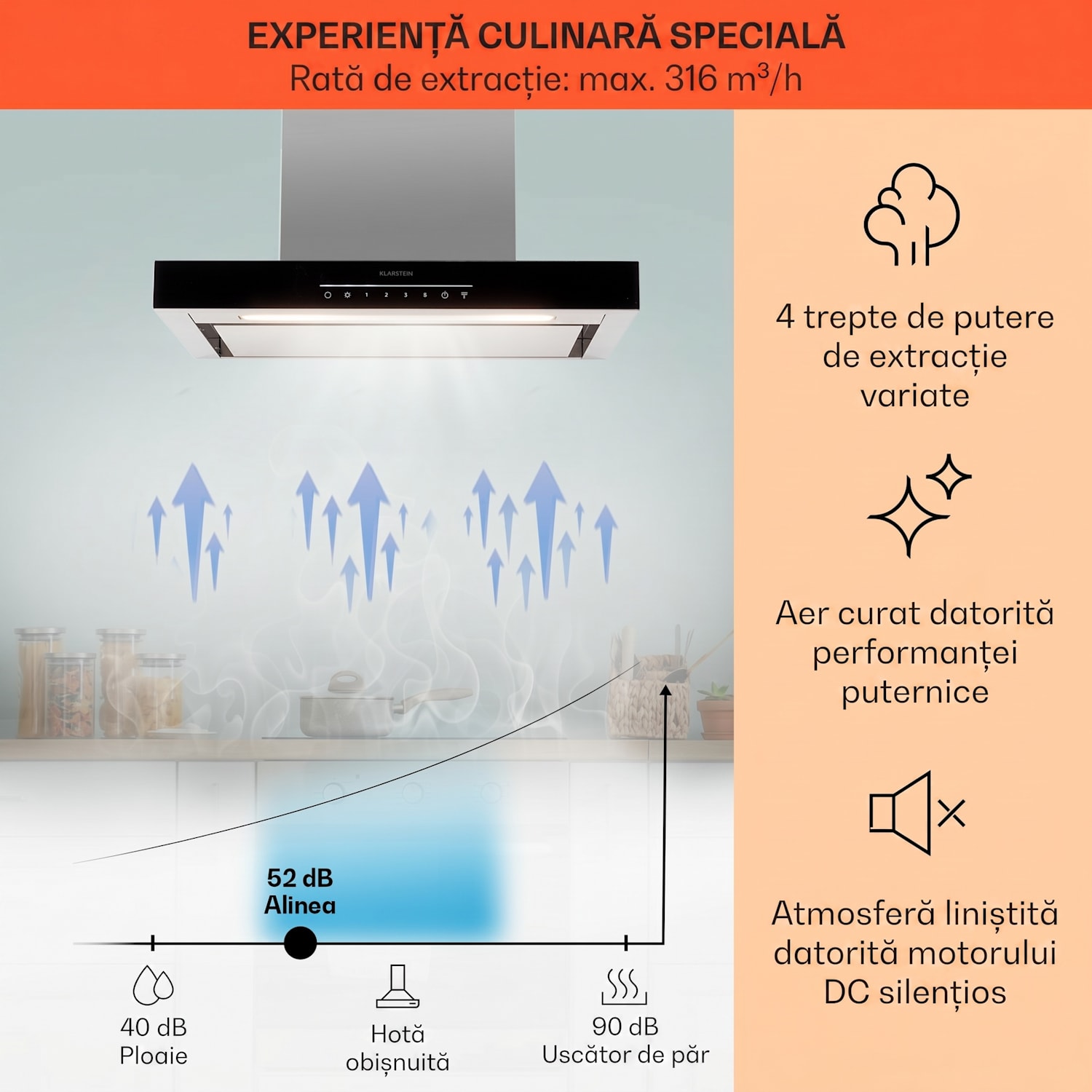 Alinea 60 Smart, hota, 60 cm, montat pe perete, WiFi, A++, 500 m³/h, ecran tactil Negru