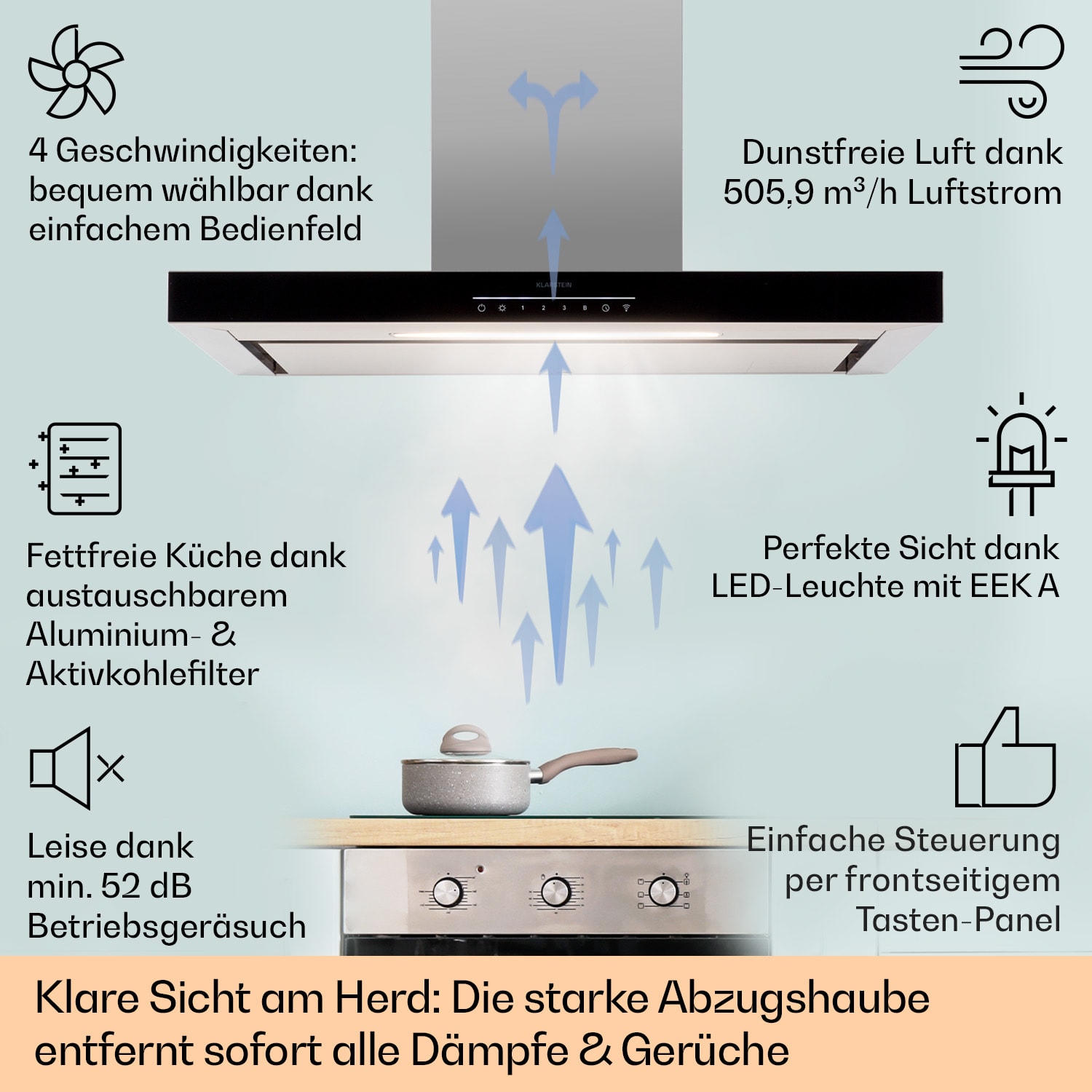 Alinea 90 Dunstabzugshaube 90cm Wandhaube WiFi A++ 500m³/h Touch 90 cm | Schwarz