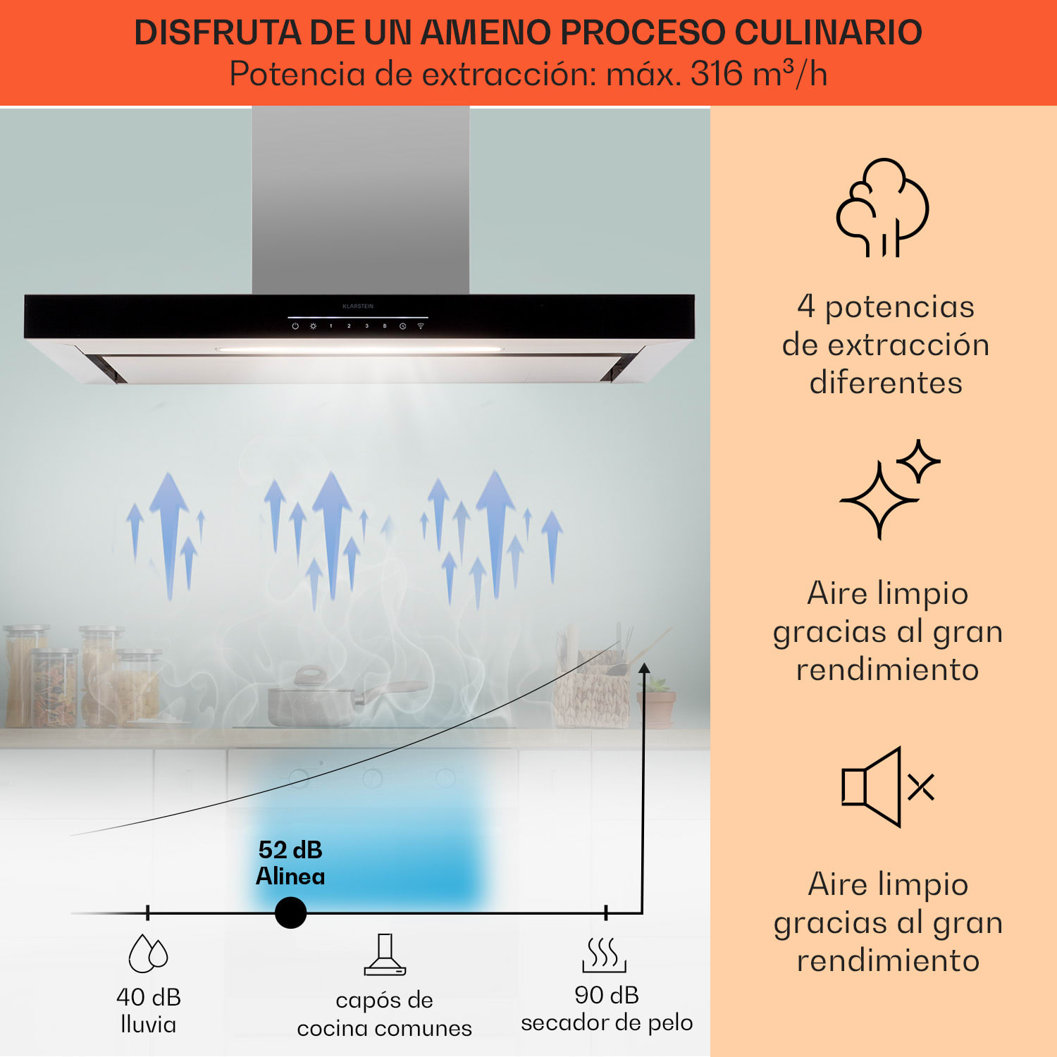 Campana extractora Alinea 90 cm Wall Hood WiFi A++ 500 m³/h Touch 90 cm | Negro