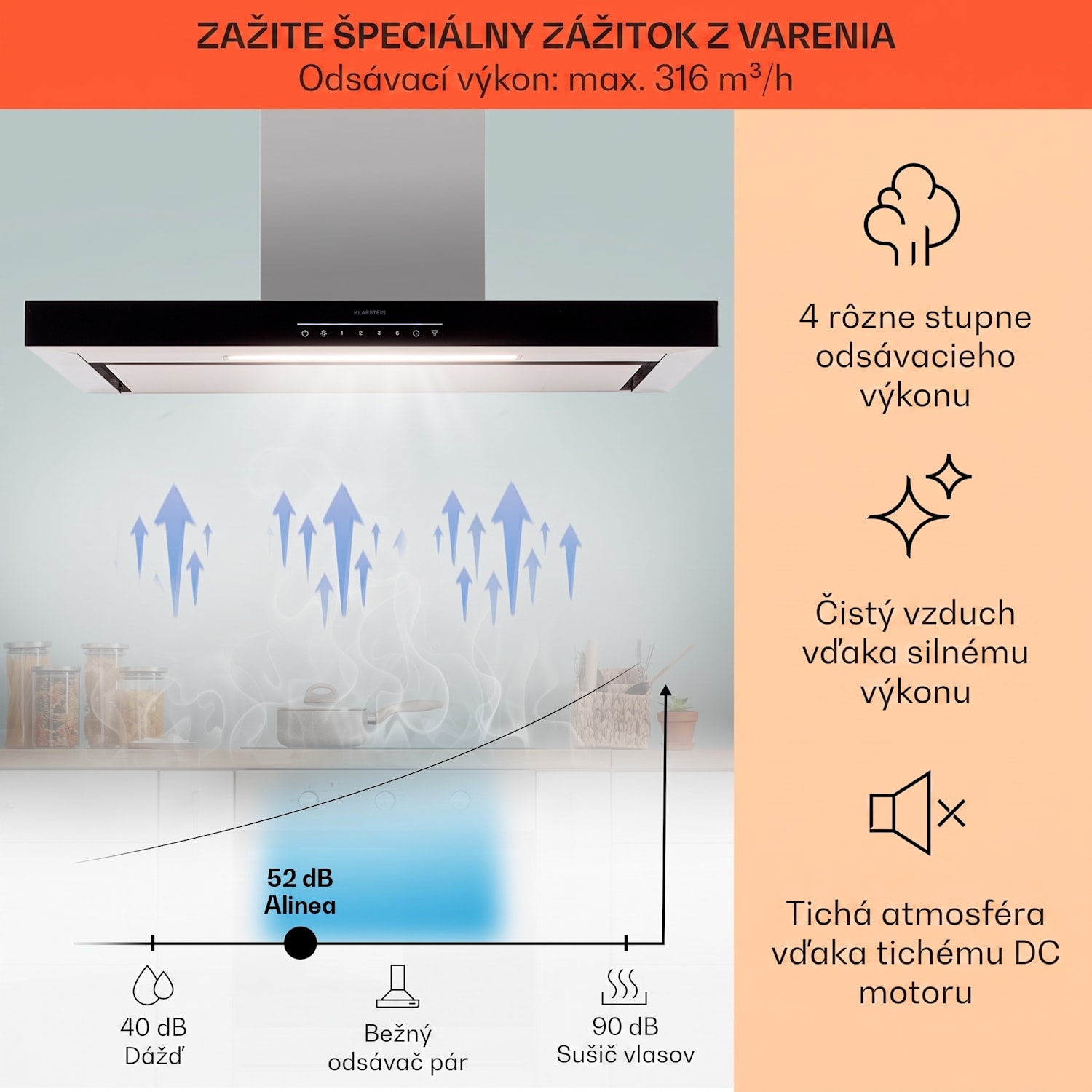 Alinea 90 Smart, digestor, 90 cm, nástenný, WiFi, A++, 555 m³/h, dotykový displej Čierna / Strieborná metalíza