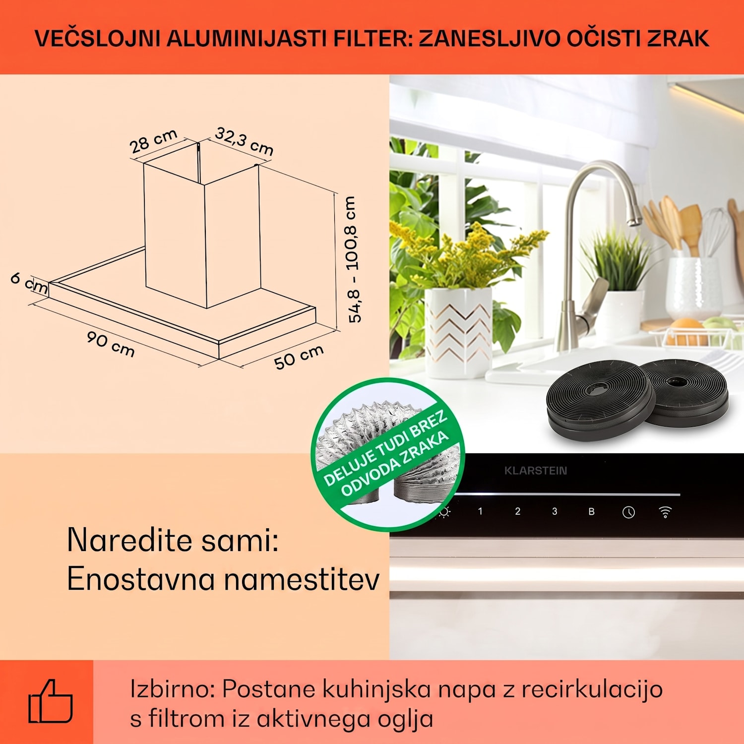 Alinea 90 Smart, kuhinjska napa, 90 cm, stenska, WiFi, A++, 555 m³/h, zaslon na dotik Črna / Srebrna kovinska barva