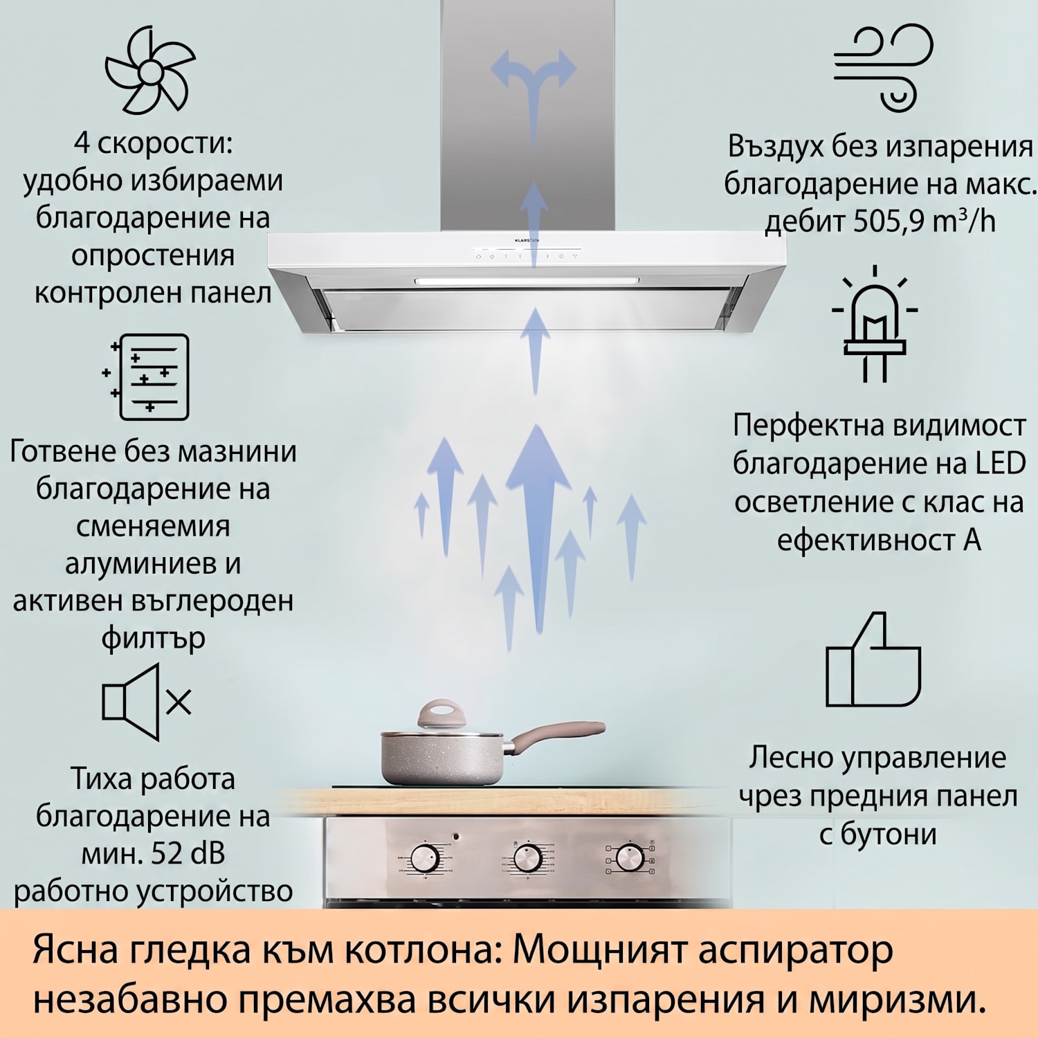Alinea 90 Smart, абсорбастор, 90 см, стенен, WiFi, A++, 500 м³/ч, сензорен дисплей Бяло / Сребърен металик
