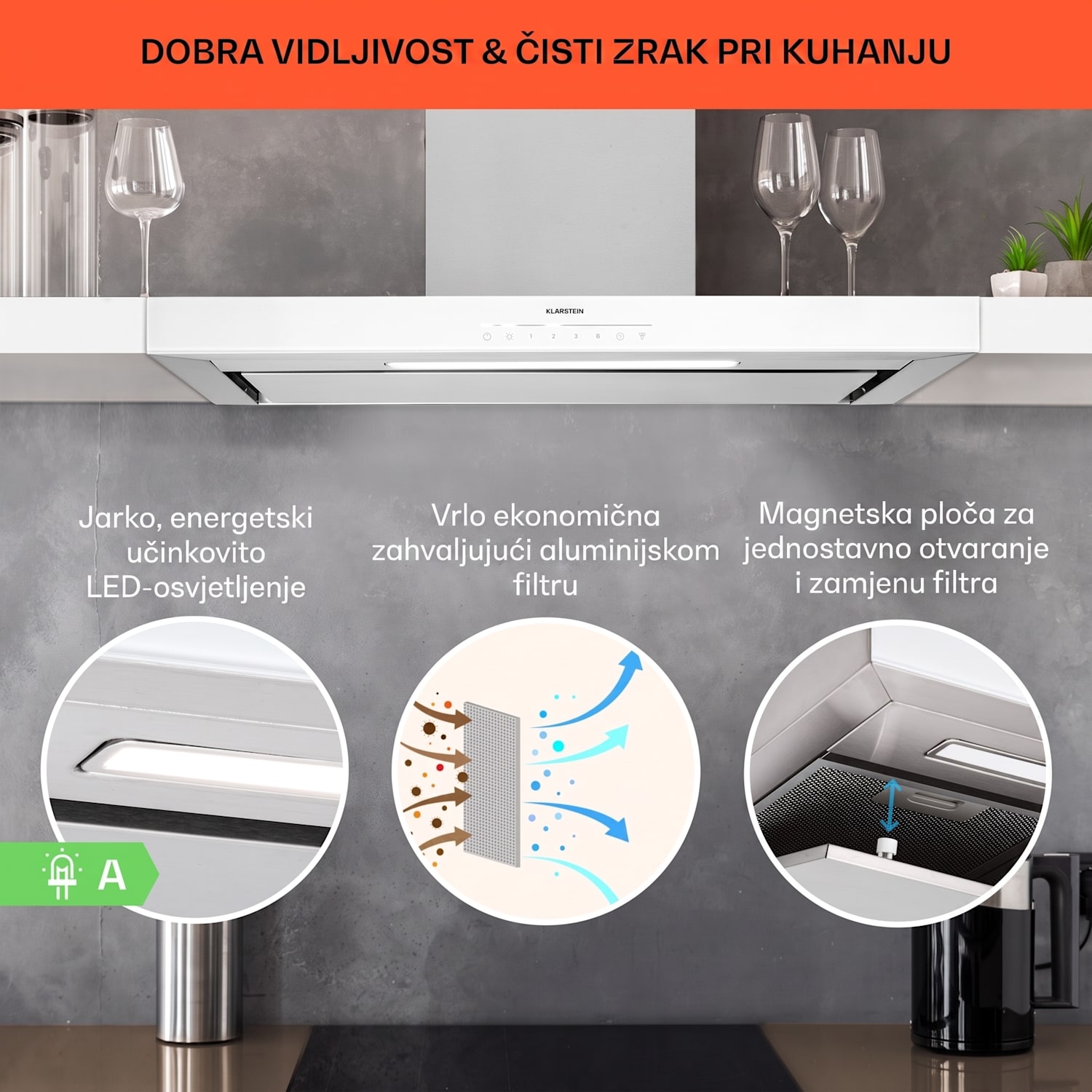 Alinea 90 Smart, kuhinjska napa, 90 cm, zidna, WiFi, A++, 500 m³/h, zaslon osjetljiv na dodir Bijela / Srebrna metalik