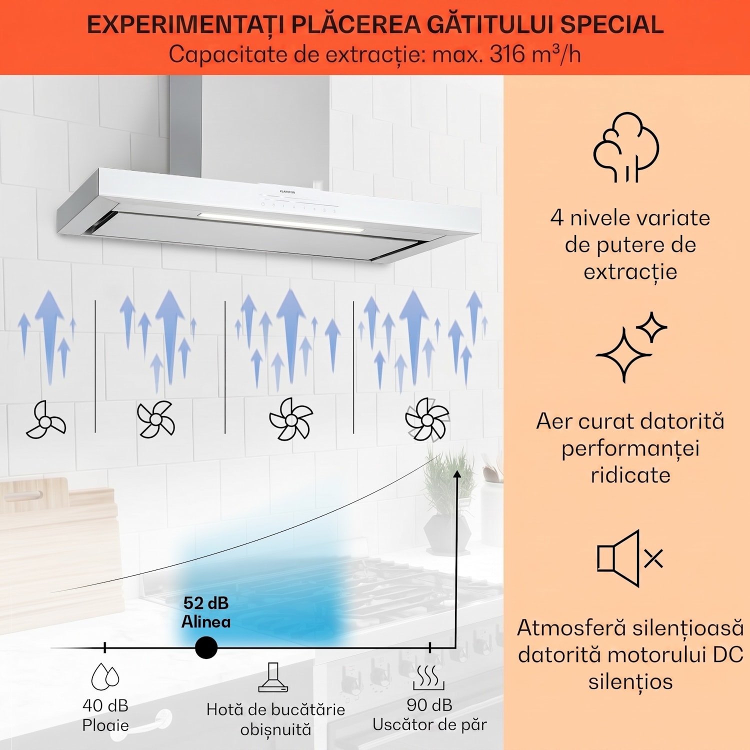 Alinea 90 Smart, hota, 90 cm, montat pe perete, WiFi, A++, 500 m³/h, ecran tactil Alb/ Argintiu metalizat