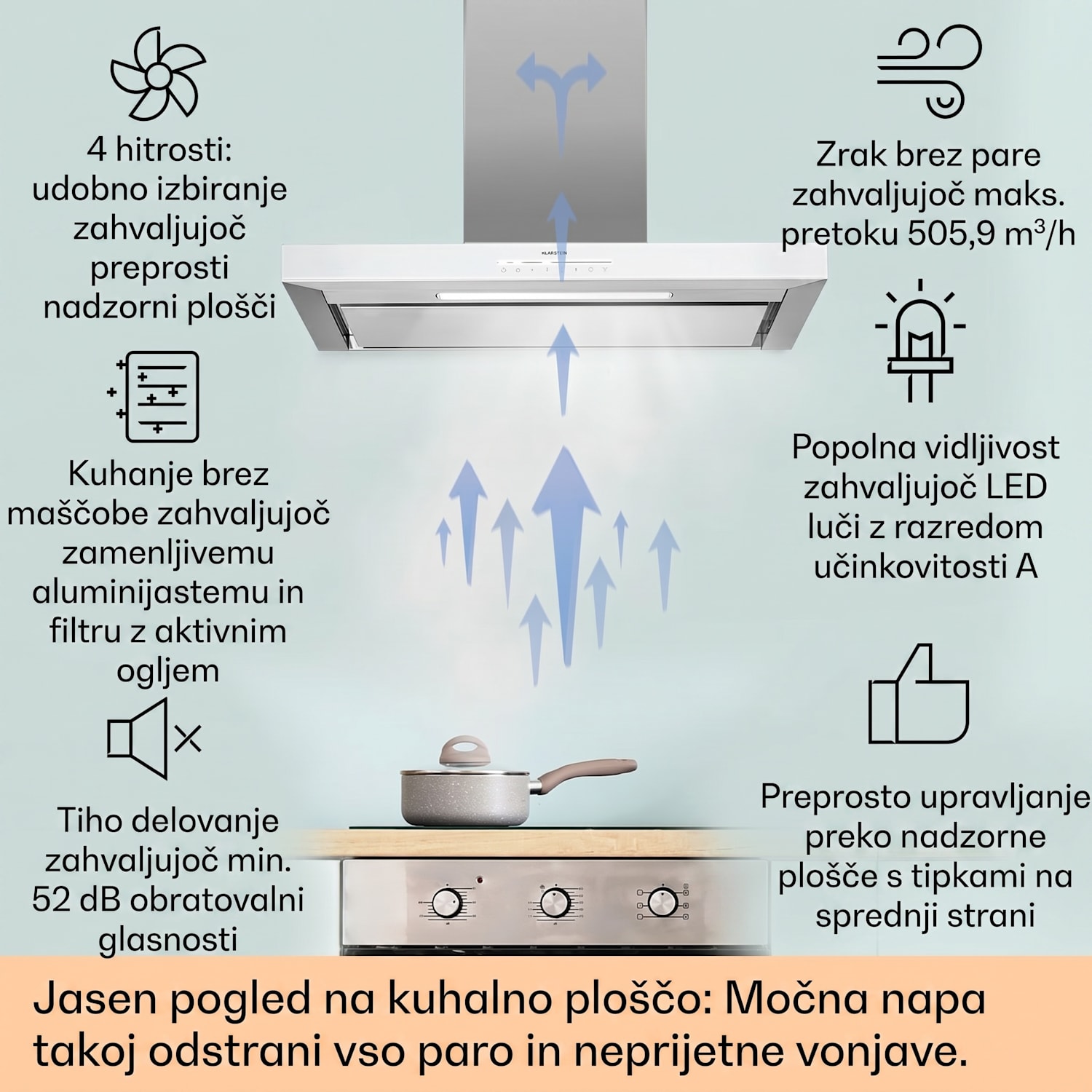 Alinea 90 Smart, kuhinjska napa, 90 cm, stenska, WiFi, A++, 555 m³/h, zaslon na dotik Bela / Srebrna kovinska barva