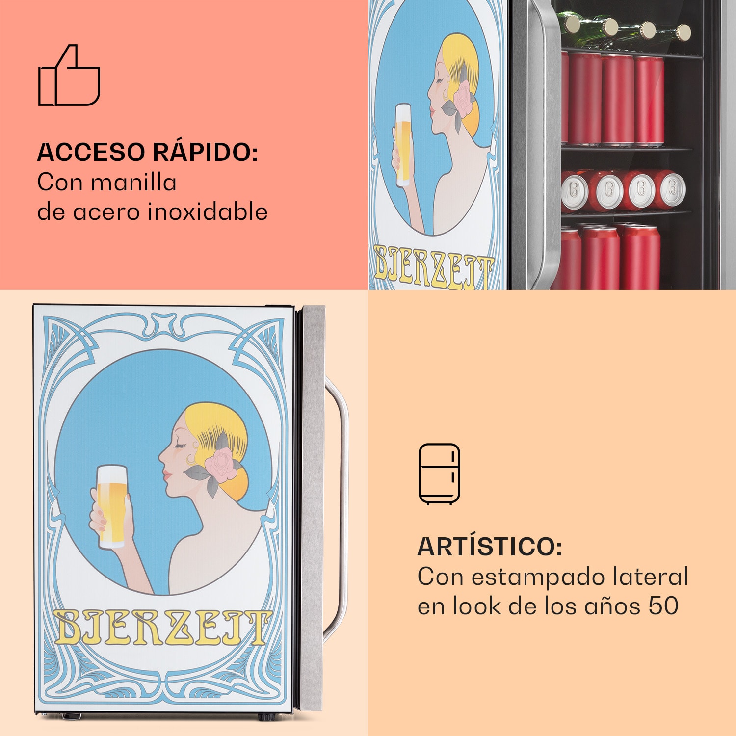 Nevera Beersafe 70 Bierzeit Edition 70 litros 3 estantes Puerta panorámica de cristal Acero inoxidable  70 L (Bierzeit Edition) | Acero Inoxidable