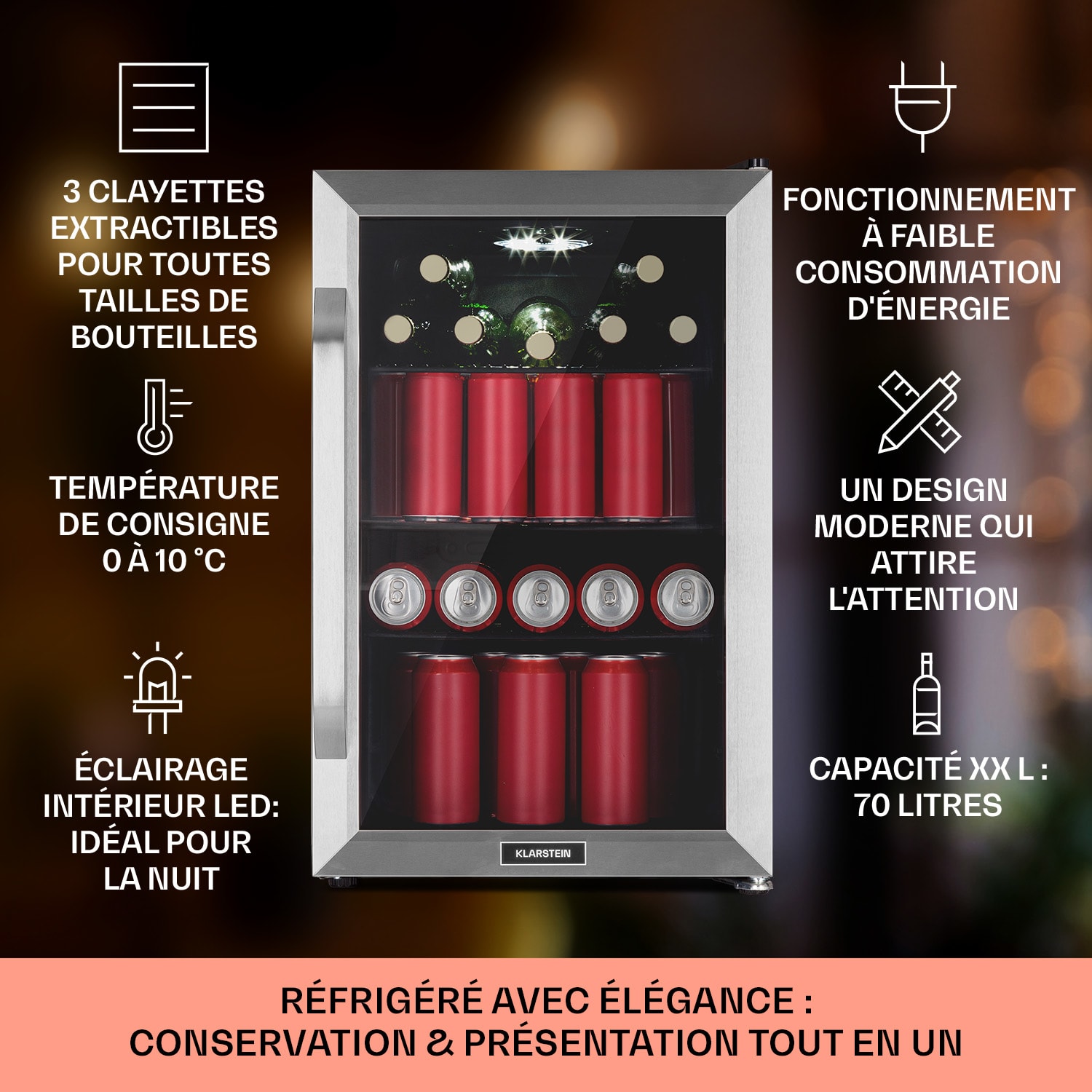 Beersafe 70 Bierzeit Edition Réfrigérateur 70 litres 3 clayettes Porte vitrée panoramique Acier inoxydable  70 L (Bierzeit Edition) | Acier Inoxydable