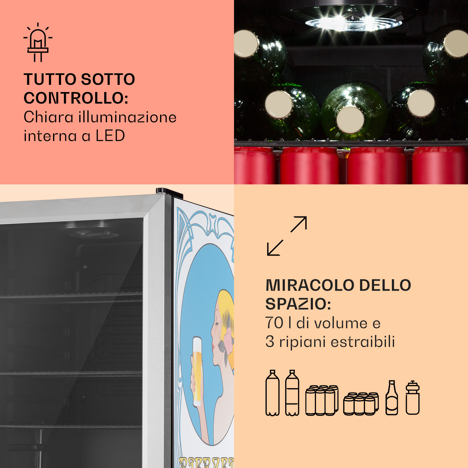 Beersafe 70 Bierzeit Edition - Frigorifero, 70 litri, 3 ripiani, sportello panoramico in vetro, acciaio inox  70 Ltr (Bierzeit Edition) | Acciaio inox