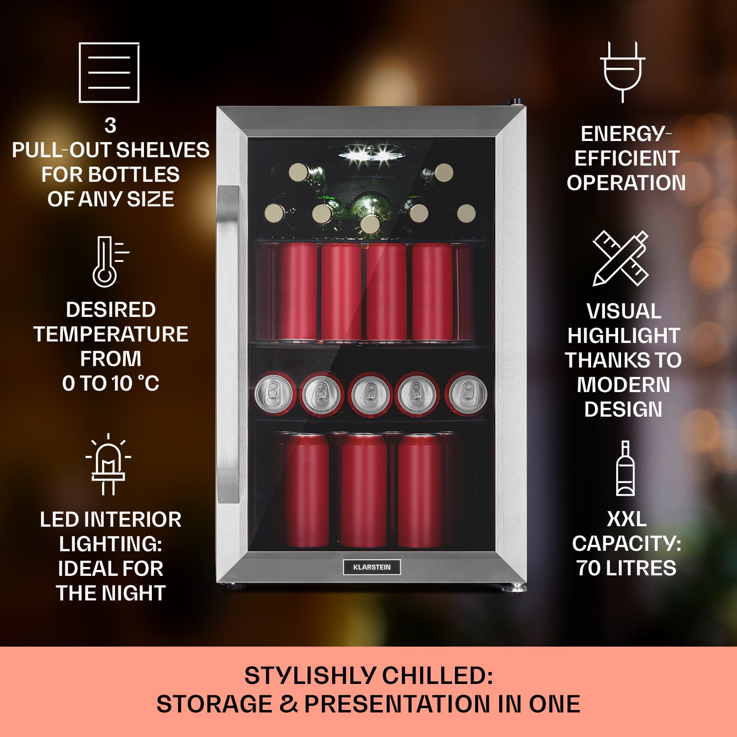 Beersafe 70, Bierzeit Edition, hladnjak, 70 litara, 3 police, panoramska staklena vrata, nehrđajući čelik 70 Ltr (Bierzeit Edition) | Nehrđajući čelik