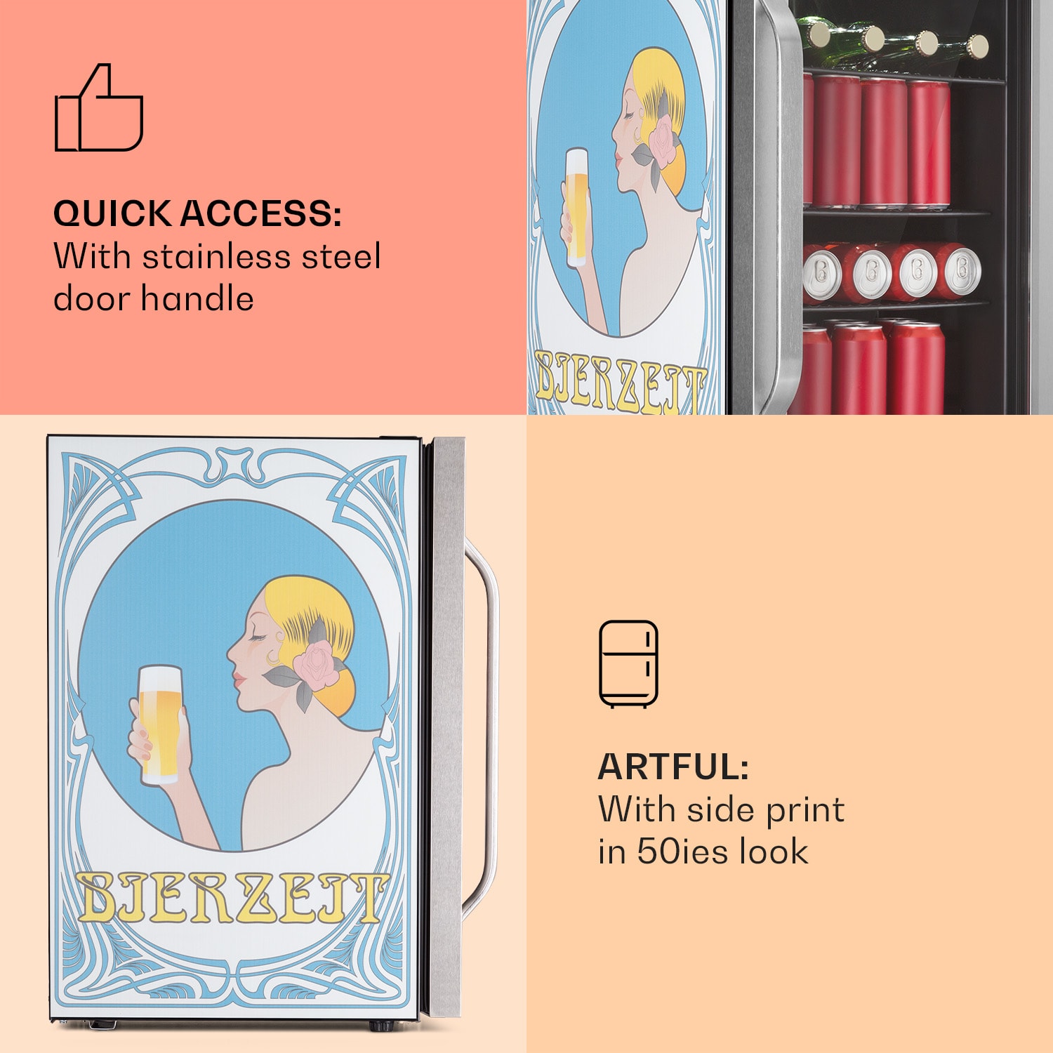 Beersafe 70, Bierzeit Edition, hladnjak, 70 litara, 3 police, panoramska staklena vrata, nehrđajući čelik 70 Ltr (Bierzeit Edition) | Nehrđajući čelik