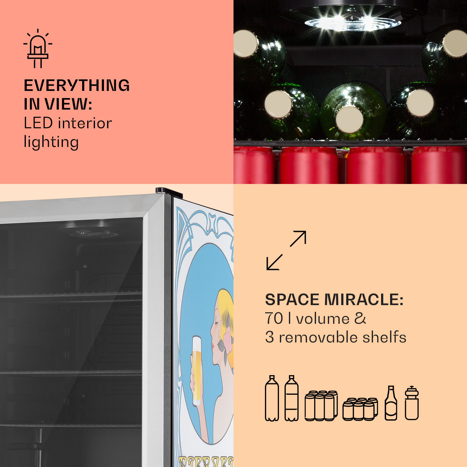 Beersafe 70, Bierzeit Edition, hladnjak, 70 litara, 3 police, panoramska staklena vrata, nehrđajući čelik 70 Ltr (Bierzeit Edition) | Nehrđajući čelik