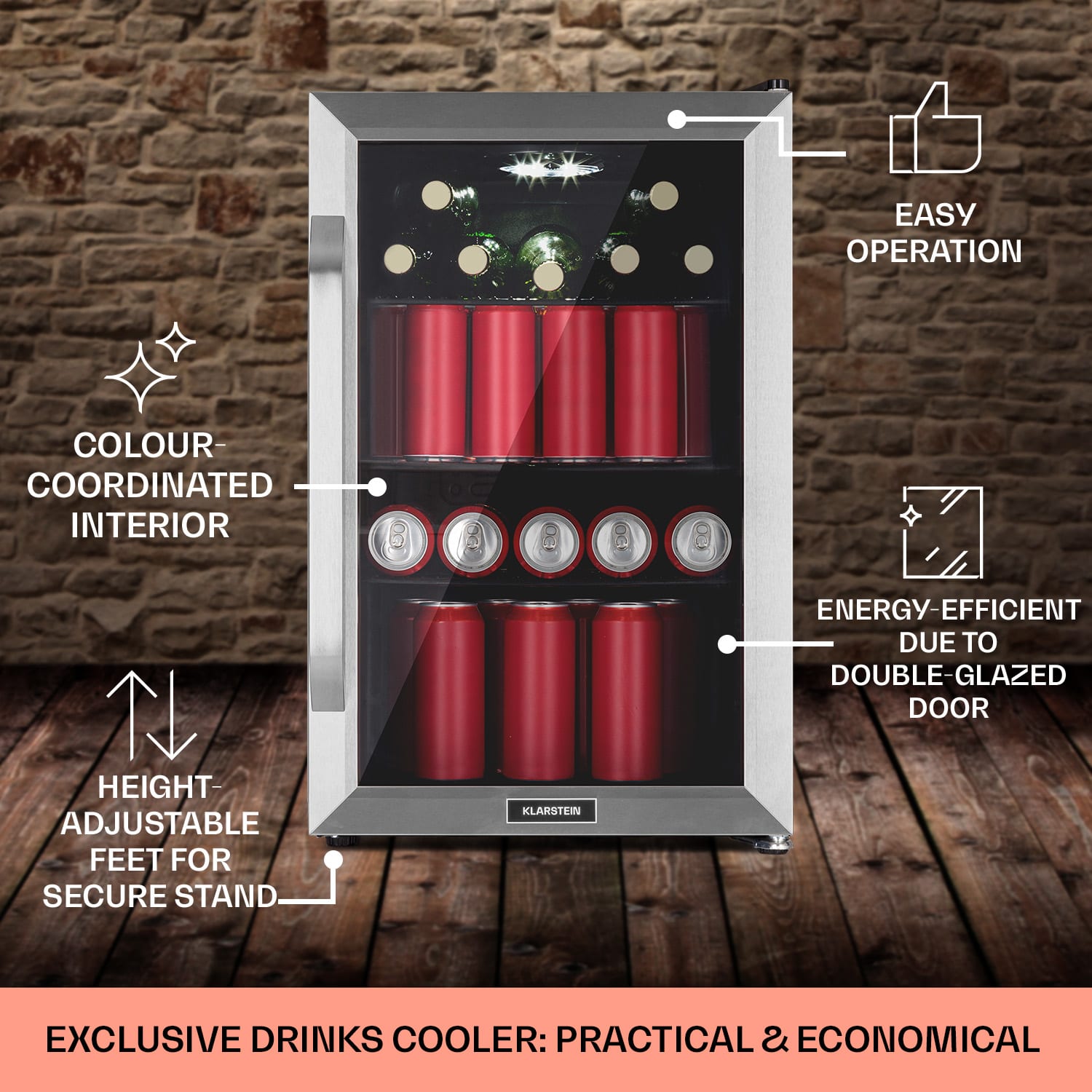 Beersafe 70, Bierzeit Edition, hladnjak, 70 litara, 3 police, panoramska staklena vrata, nehrđajući čelik 70 Ltr (Bierzeit Edition) | Nehrđajući čelik