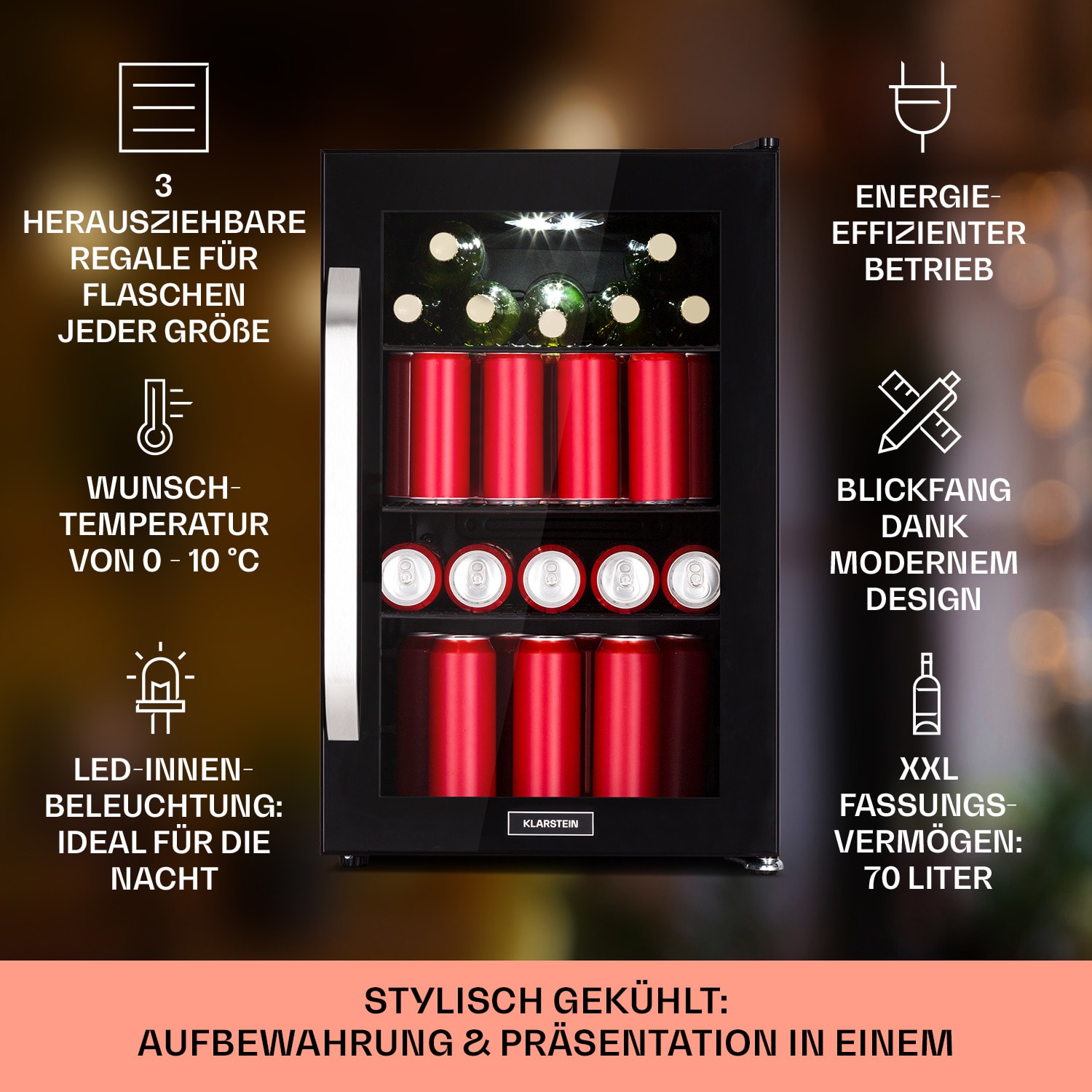 Beersafe 70 Bierzeit Edition Kühlschrank 70 Ltr 3 Böden Glas Edelstahl 70 Ltr (Bierzeit Edition) | Schwarz
