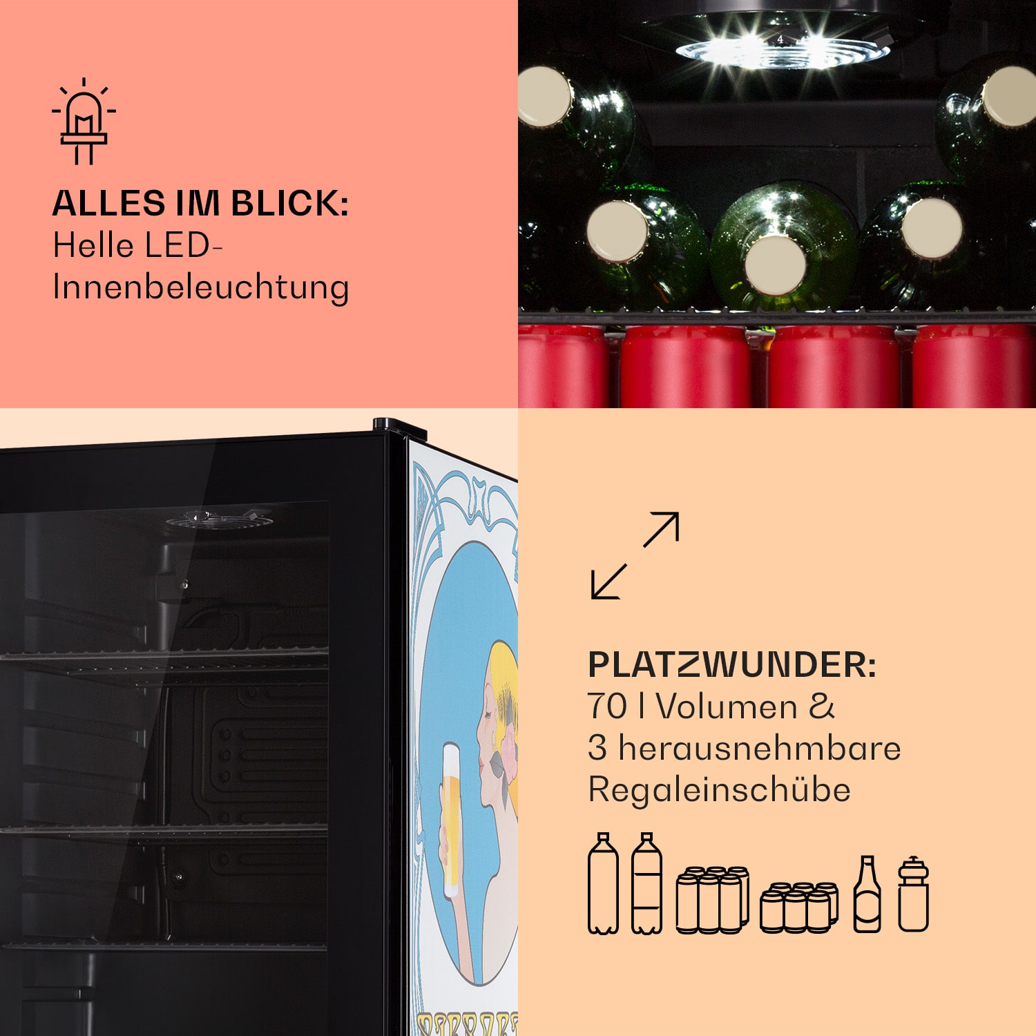 Beersafe 70 Bierzeit Edition Kühlschrank 70 Ltr 3 Böden Glas Edelstahl 70 Ltr (Bierzeit Edition) | Schwarz