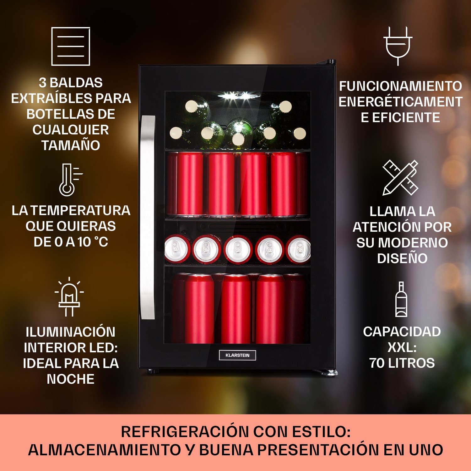 Nevera Beersafe 70 Bierzeit Edition 70 litros 3 estantes Puerta panorámica de cristal Acero inoxidable  70 L (Bierzeit Edition) | Negro