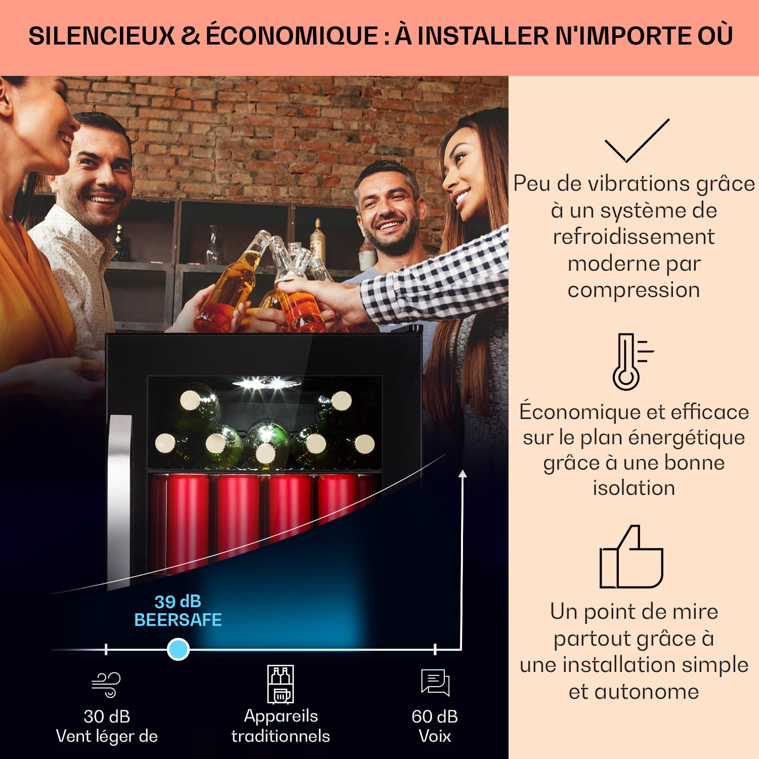 Beersafe 70 Bierzeit Edition Réfrigérateur 70 litres 3 clayettes Porte vitrée panoramique Acier inoxydable  70 L (Bierzeit Edition) | Noir