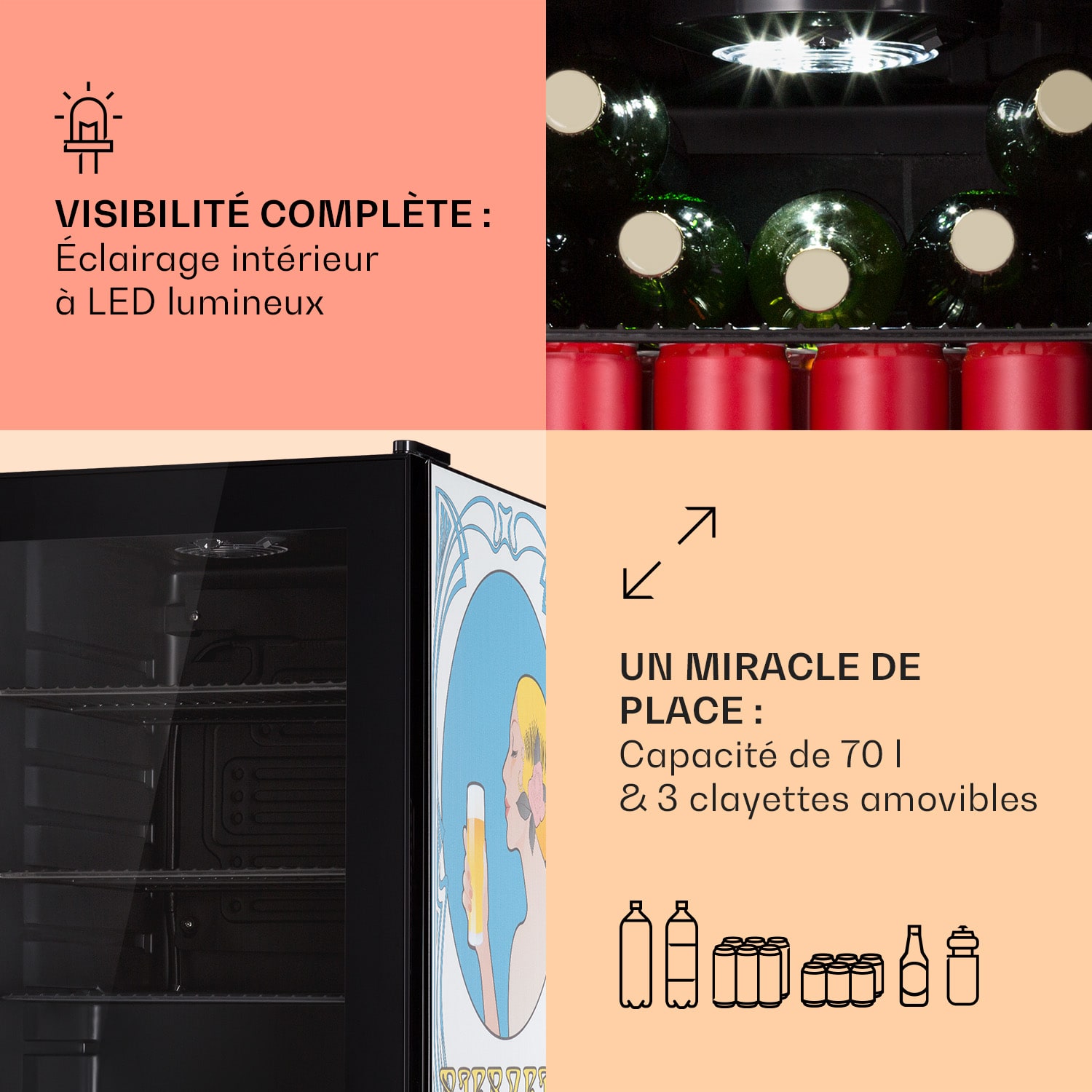 Beersafe 70 Bierzeit Edition Réfrigérateur 70 litres 3 clayettes Porte vitrée panoramique Acier inoxydable  70 L (Bierzeit Edition) | Noir