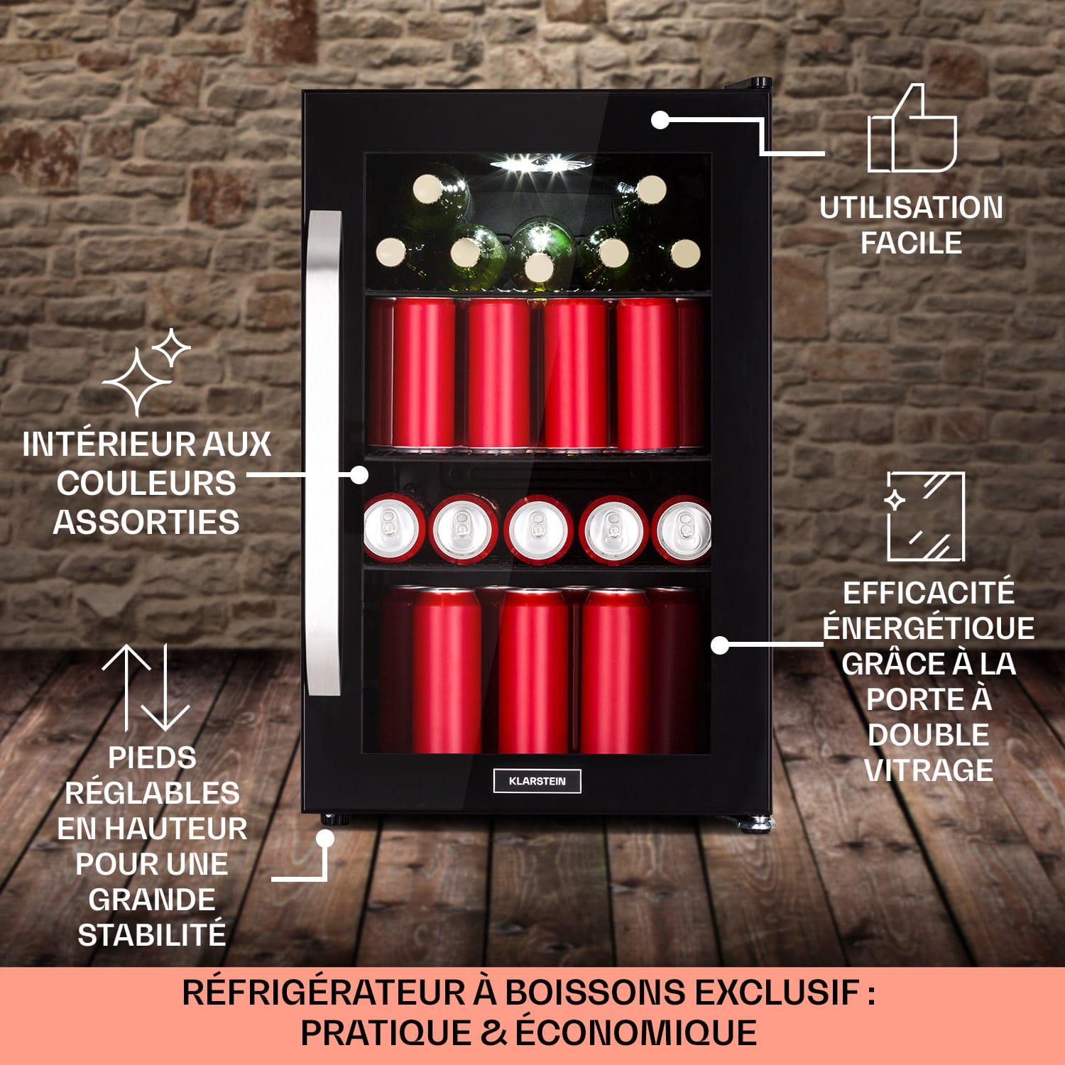 Beersafe 70 Bierzeit Edition Réfrigérateur 70 litres 3 clayettes Porte vitrée panoramique Acier inoxydable  70 L (Bierzeit Edition) | Noir