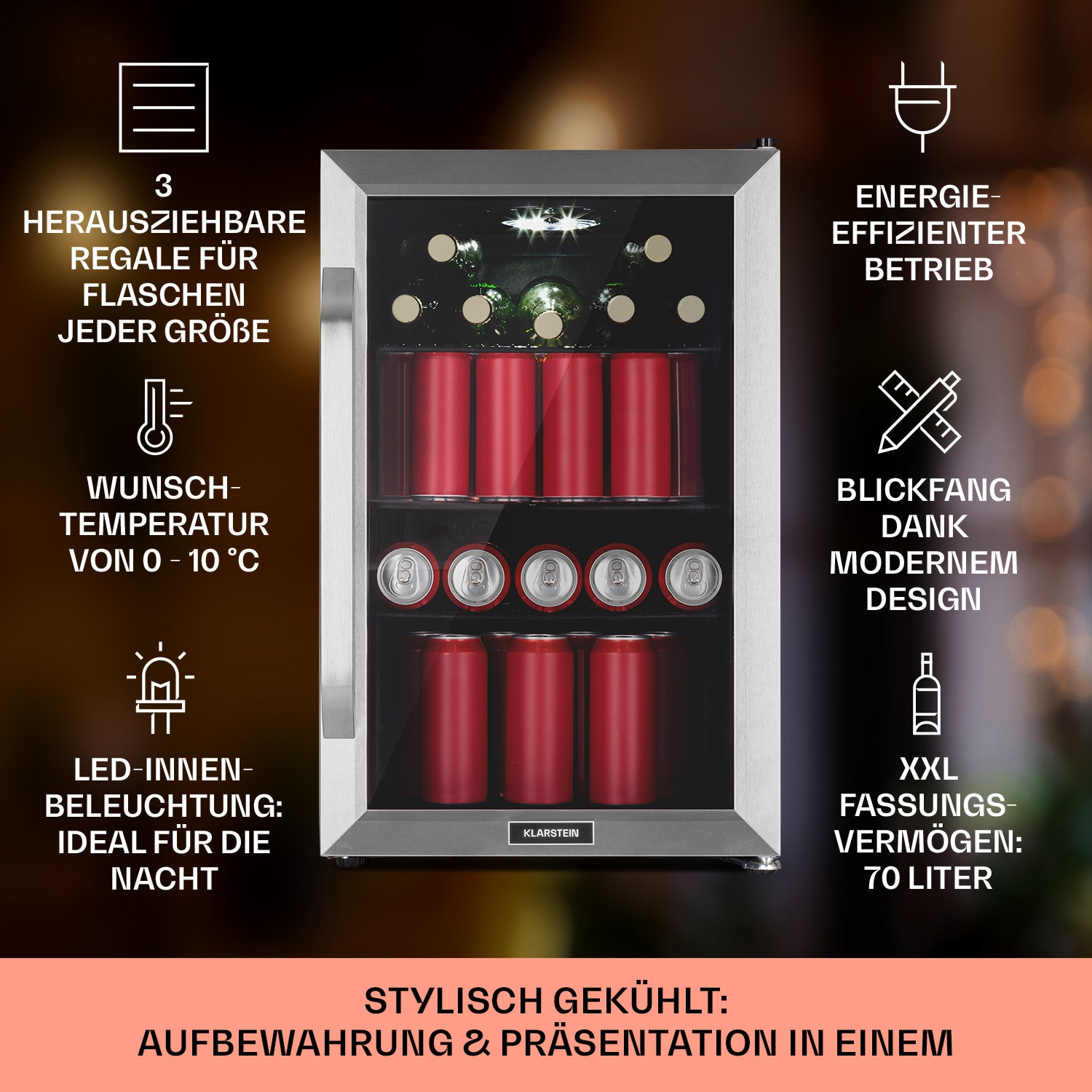 Beersafe 70 Birra Edition Kühlschrank 70 Ltr 3 Böden Glastür Edelstahl 