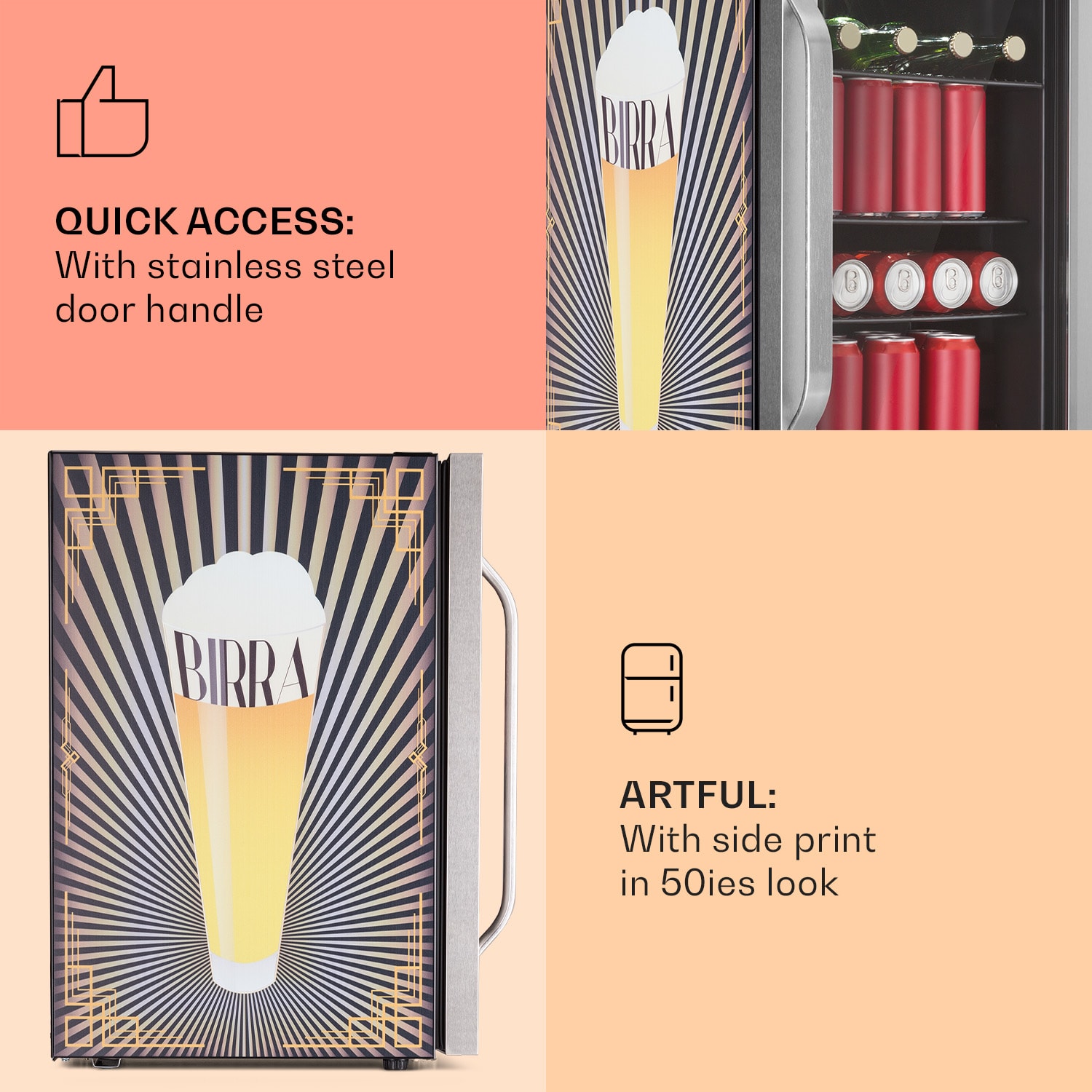 Beersafe 70 Birra Edition, chladnička, 70 l, 3 police, panoramatické sklenené dvere, nehrdzavejúca oceľ 70 litrov (Birra Edition) | Nehrdzavejúca oceľ