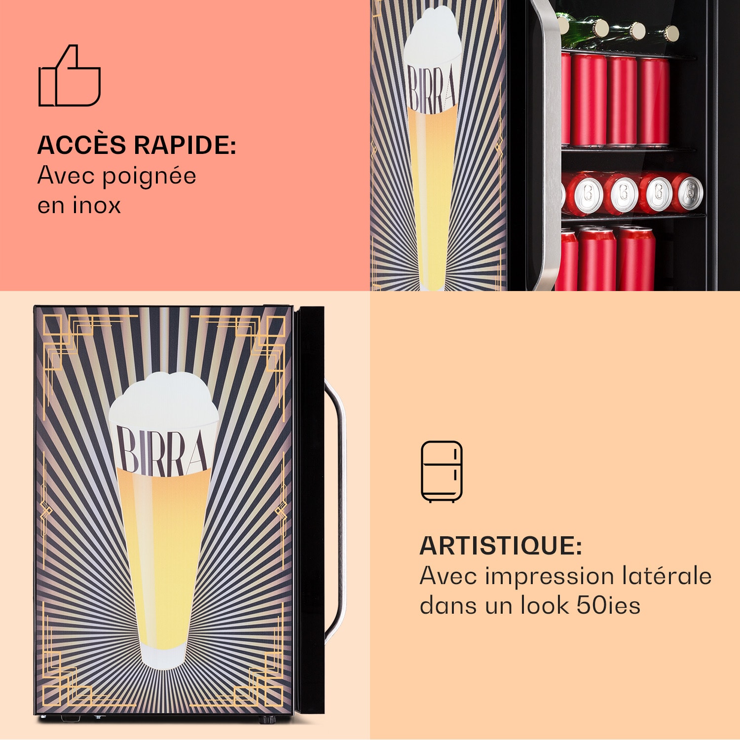 Beersafe 70 Birra Edition Réfrigérateur 70 litres 3 clayettes Porte vitrée panoramique Acier inoxydable  70 L (Birra Edition) | Noir