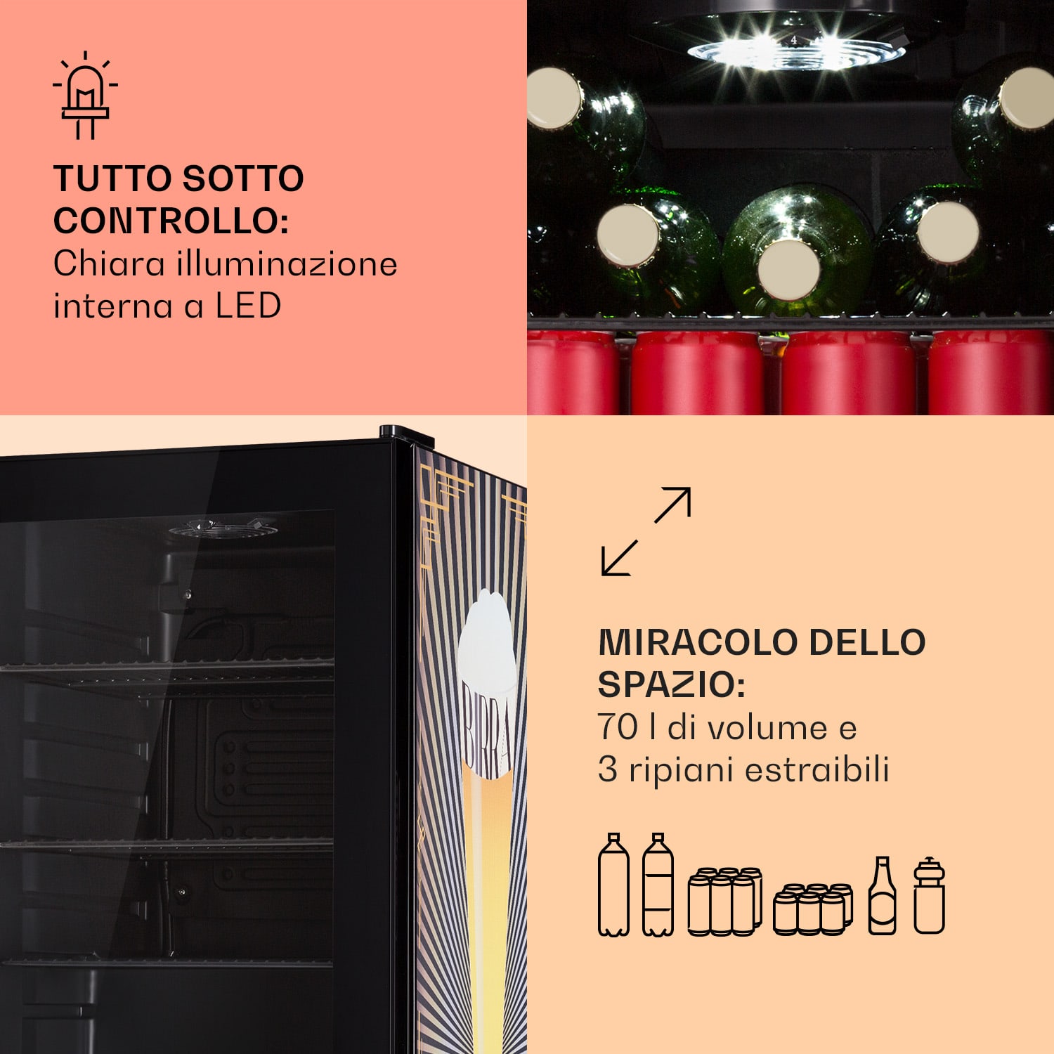 Beersafe 70 Birra Edition - Frigorifero, 70 litri, 3 ripiani, sportello panoramico in vetro, acciaio inox  70 Ltr (Birra Edition) | Nero