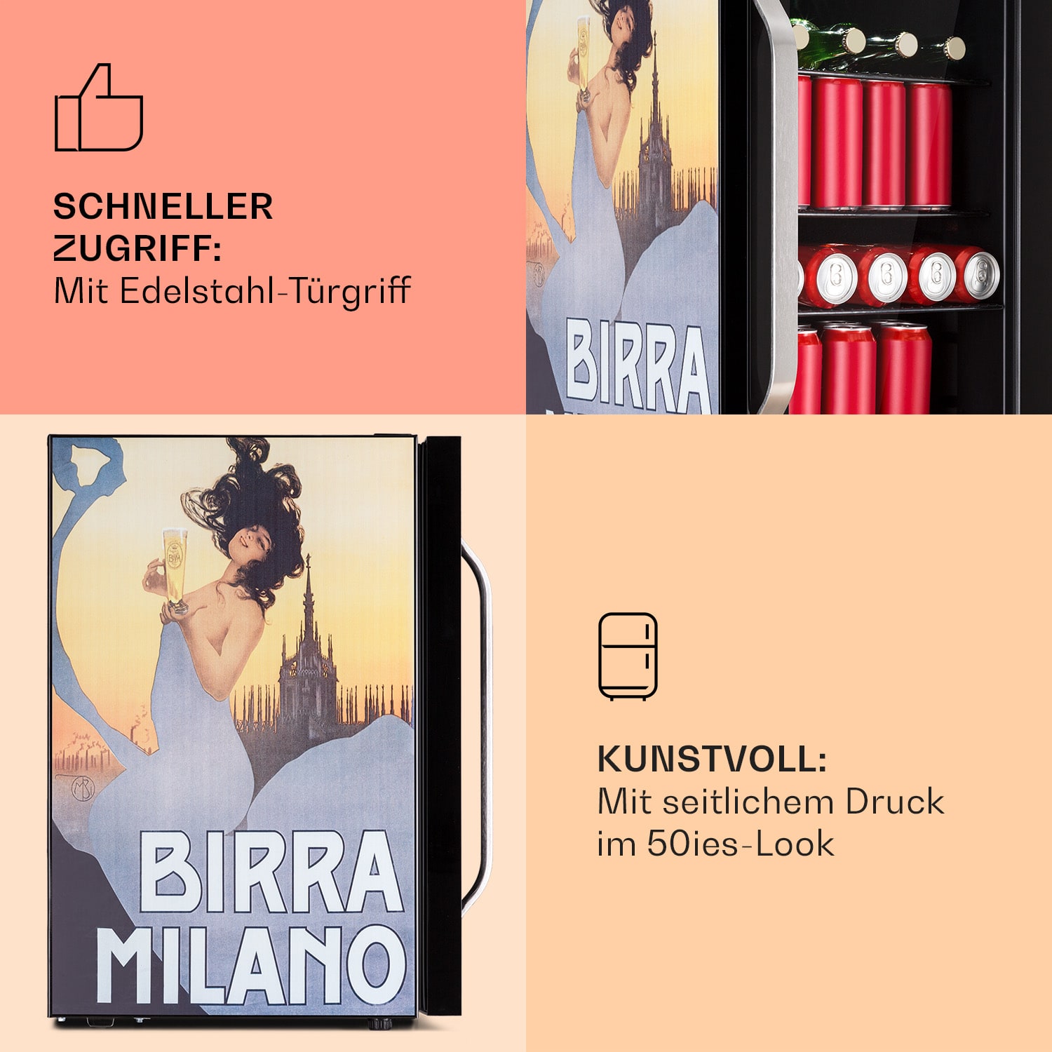 Beersafe 70 Birra Milano Edition - Frigorifero, 70 litri, 3 ripiani, sportello panoramico in vetro, acciaio inox  