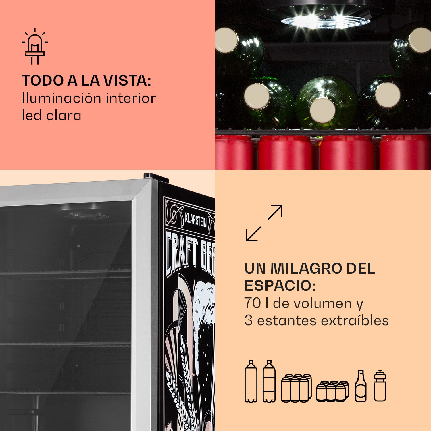 Nevera Beersafe 70 Craft Beer Edition 70 litros 3 estantes Puerta panorámica de cristal Acero inoxidable  70 L (Craft Beer Edition) | Acero Inoxidable