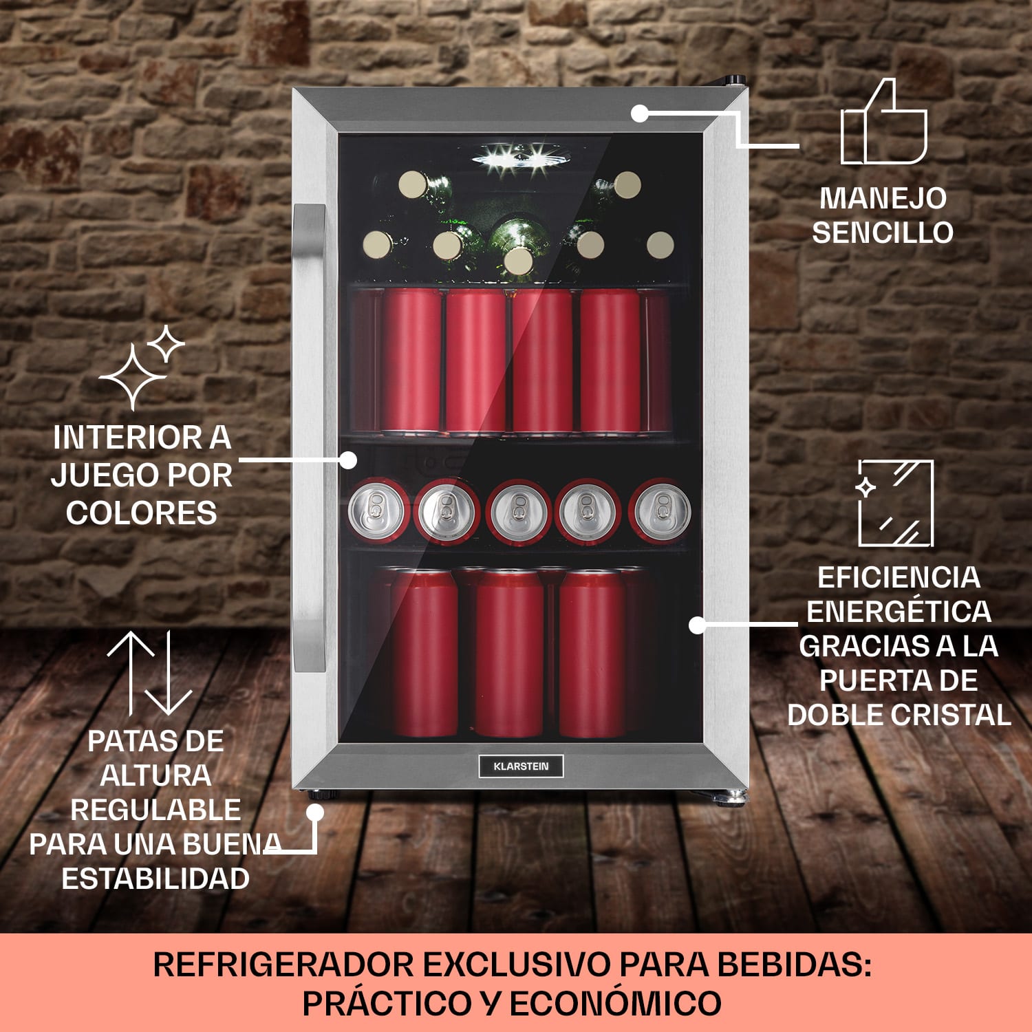 Nevera Beersafe 70 Craft Beer Edition 70 litros 3 estantes Puerta panorámica de cristal Acero inoxidable  70 L (Craft Beer Edition) | Acero Inoxidable